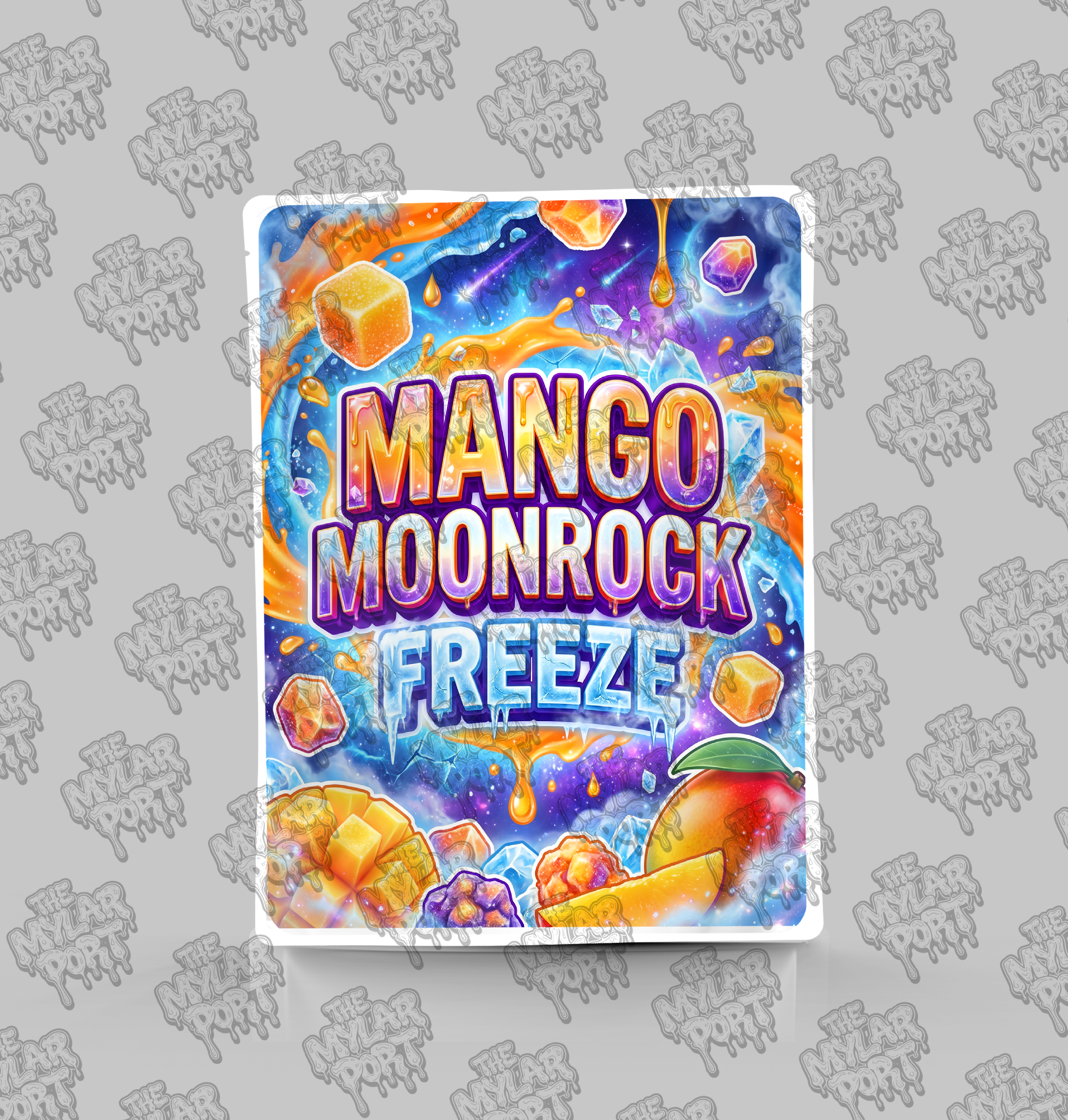 Mango Moonrock Freeze premade digital mylar bag design by The Mylar Port