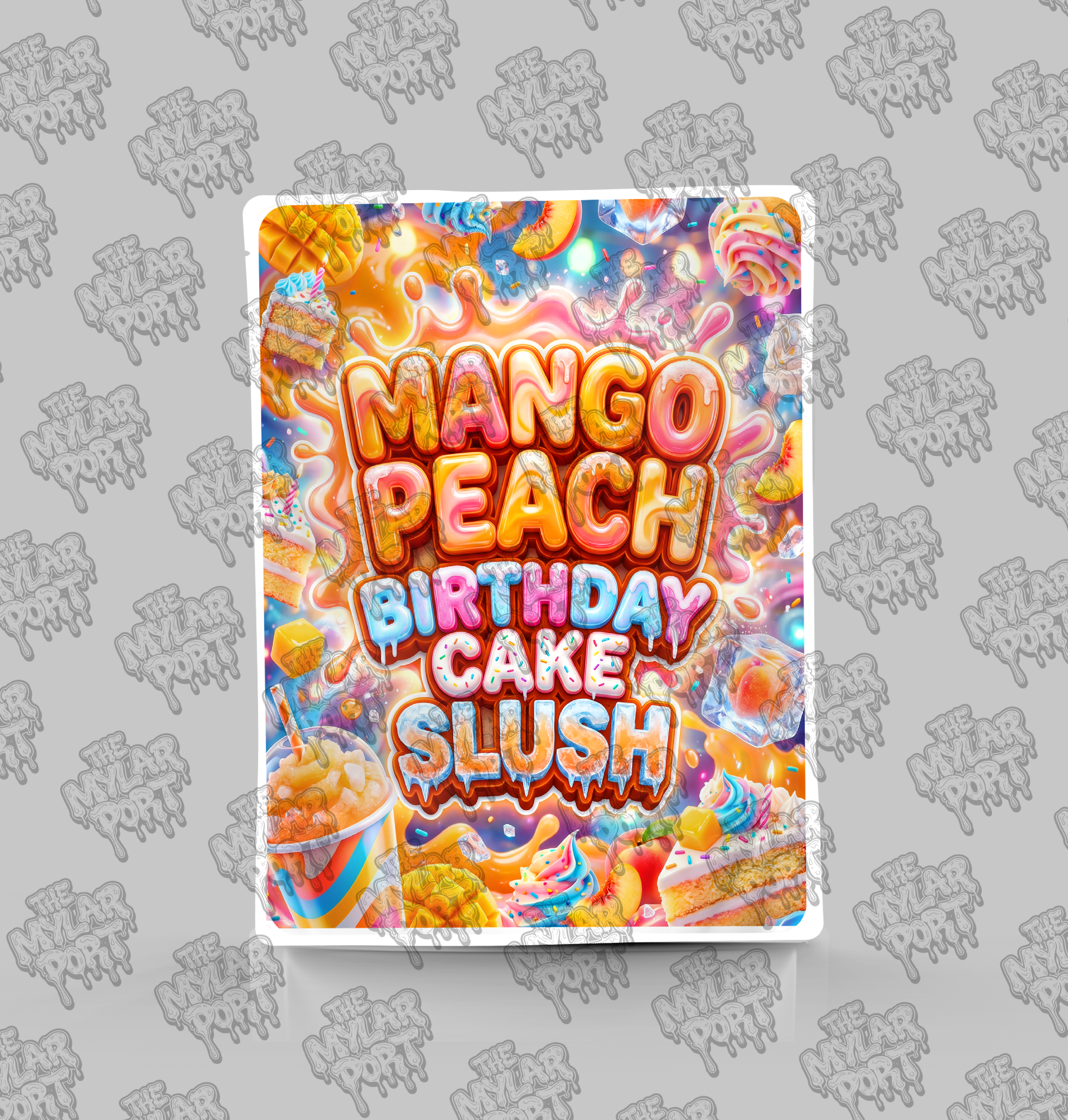 Mango Peach Birthday Cake Slush premade digital mylar bag design by The Mylar Port