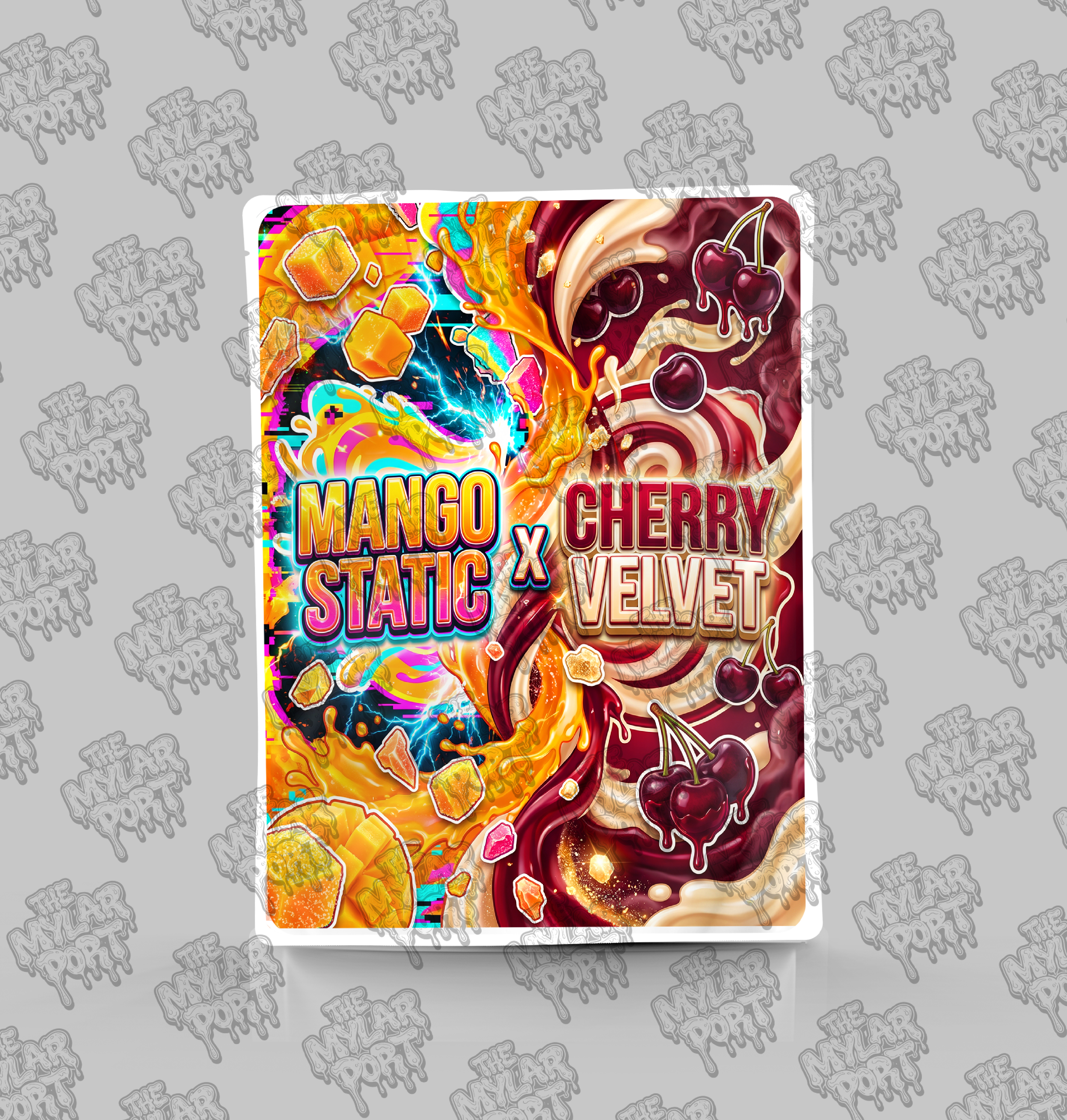 Mango Static x Cherry Velvet premade digital mylar bag design by The Mylar Port