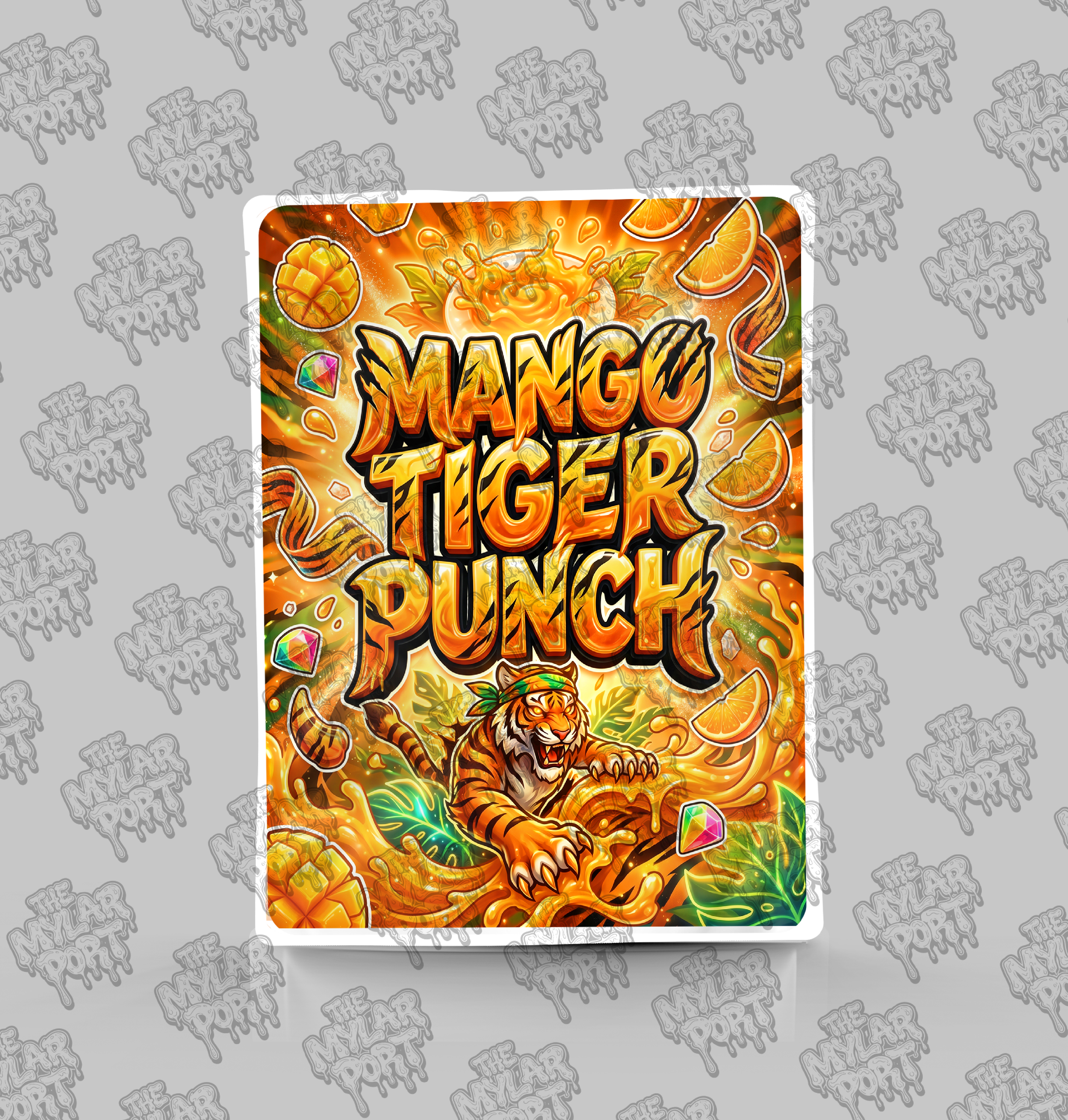 Mango Tinger Punch premade digital mylar bag design by The Mylar Port