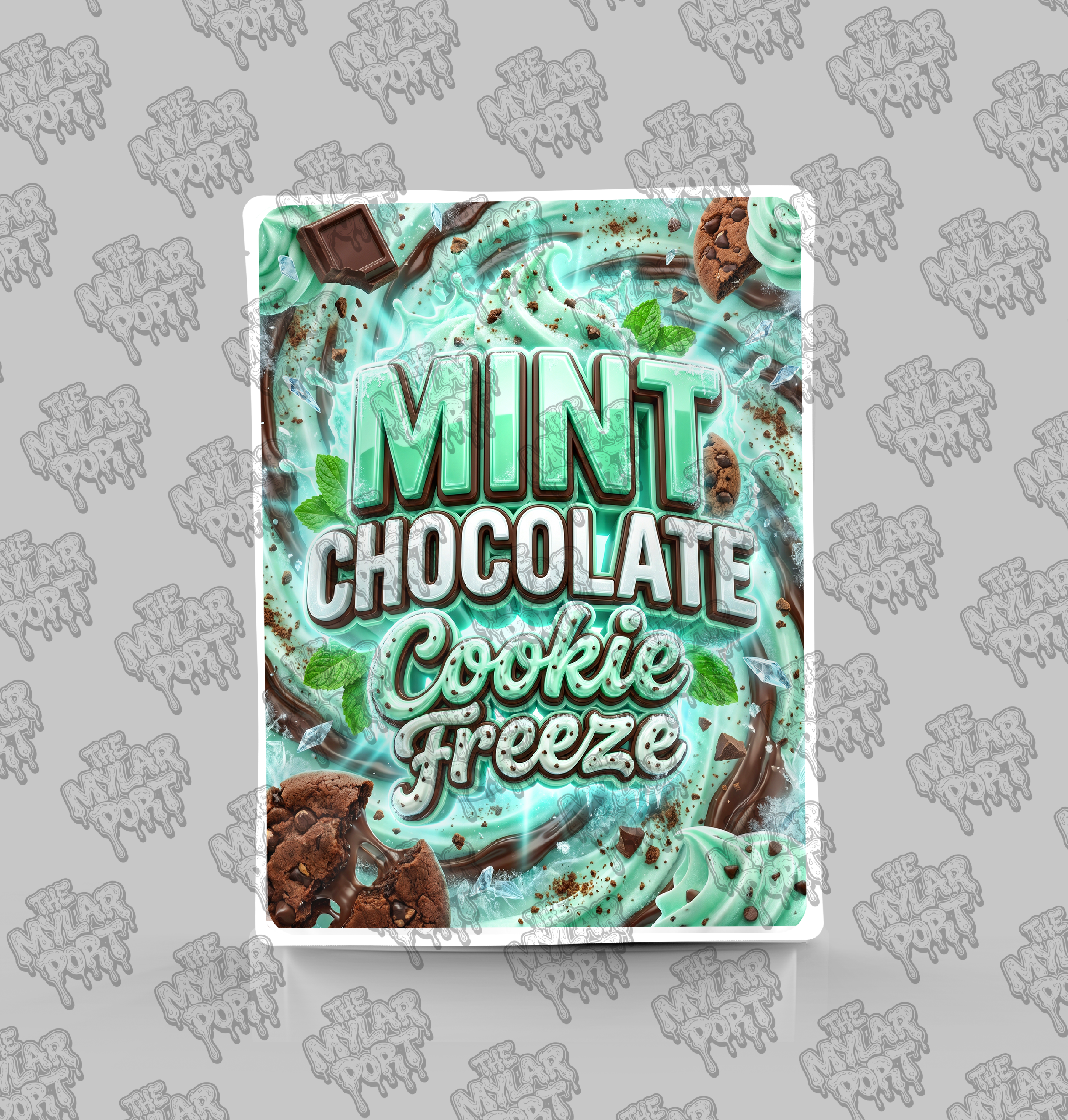 Mint Chocolate Cookie Freeze premade digital mylar bag design by The Mylar Port