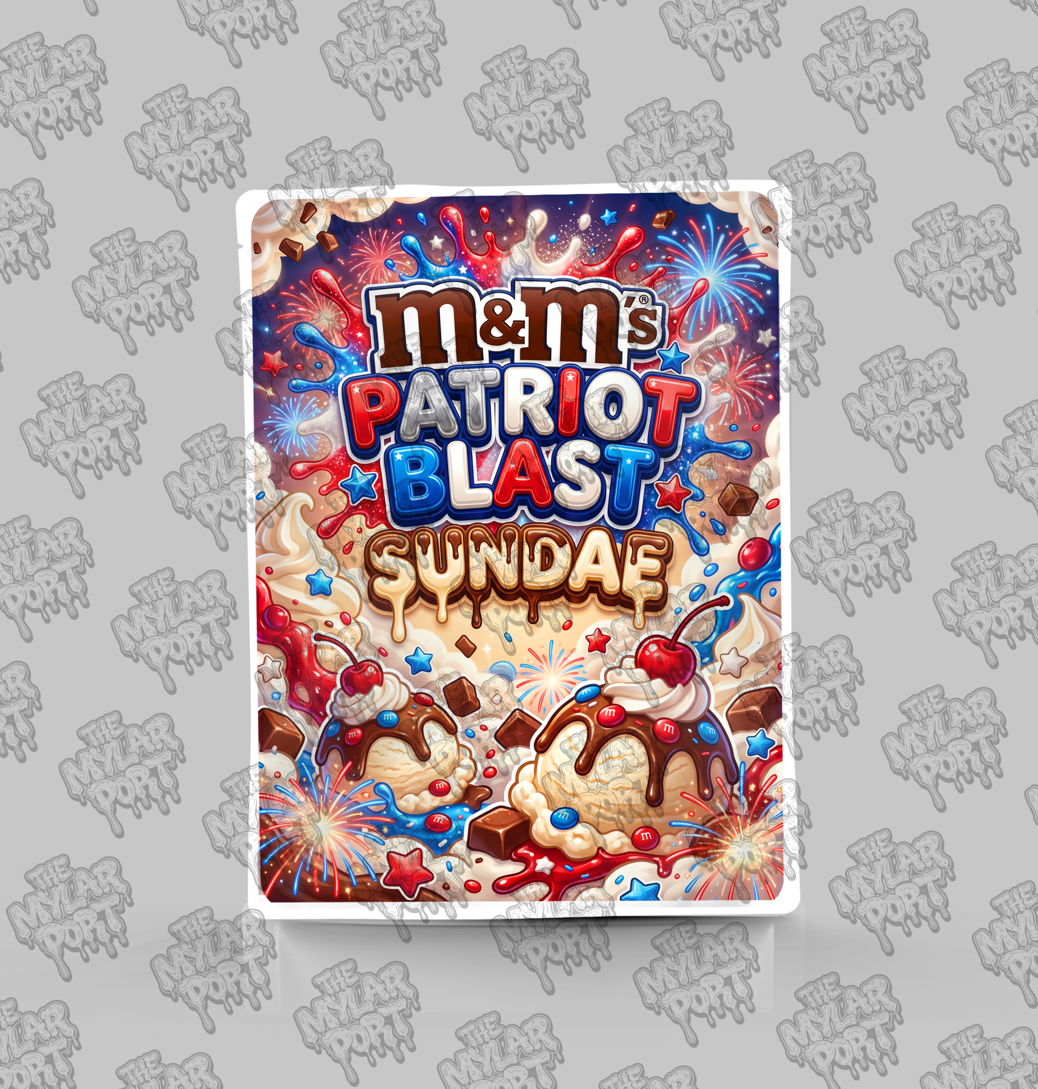 M&M Patriot Blast Sundae premade digital mylar bag design by The Mylar Port