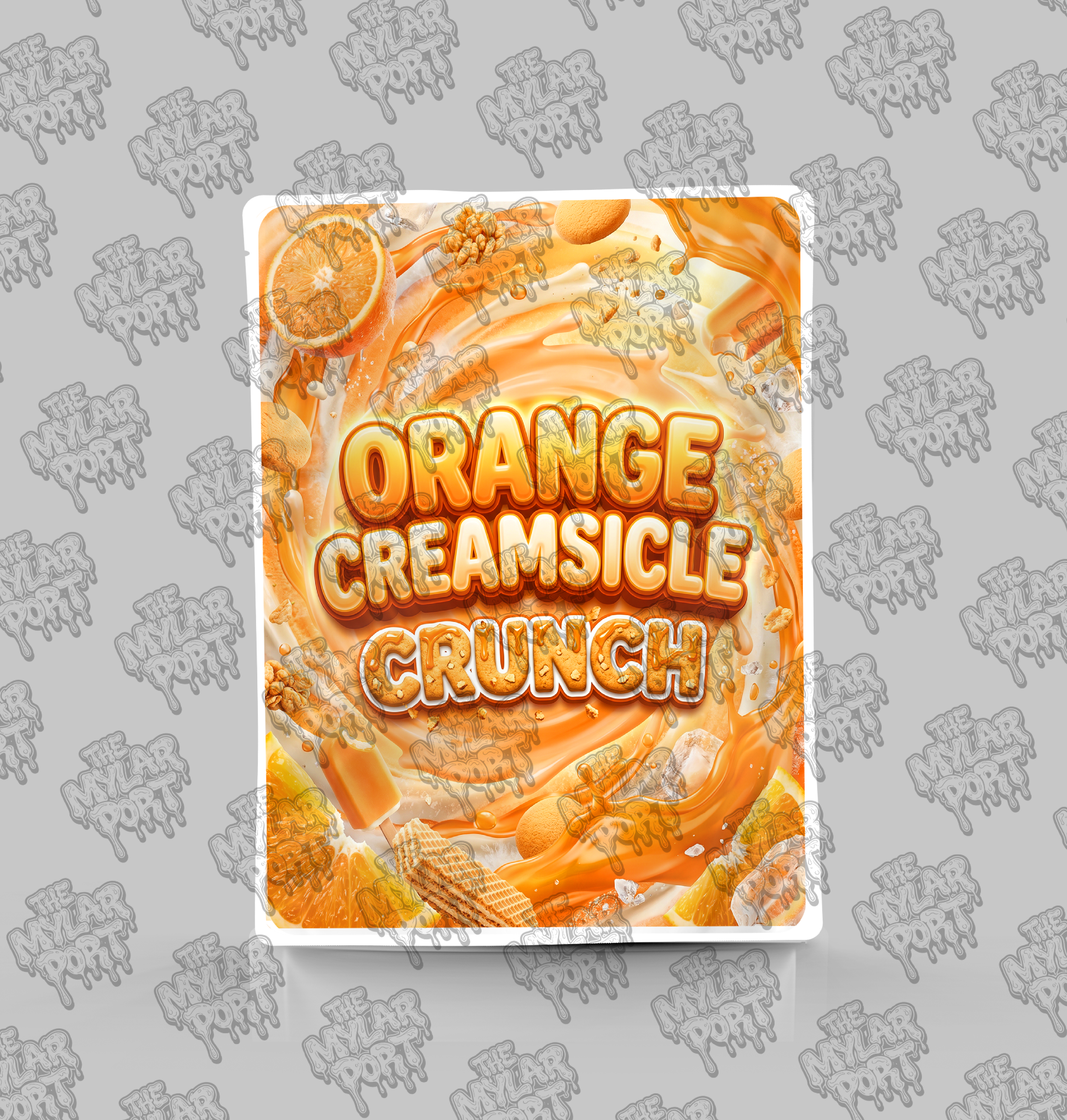 Orange Creamsicle Crunch premade digital mylar bag design by The Mylar Port