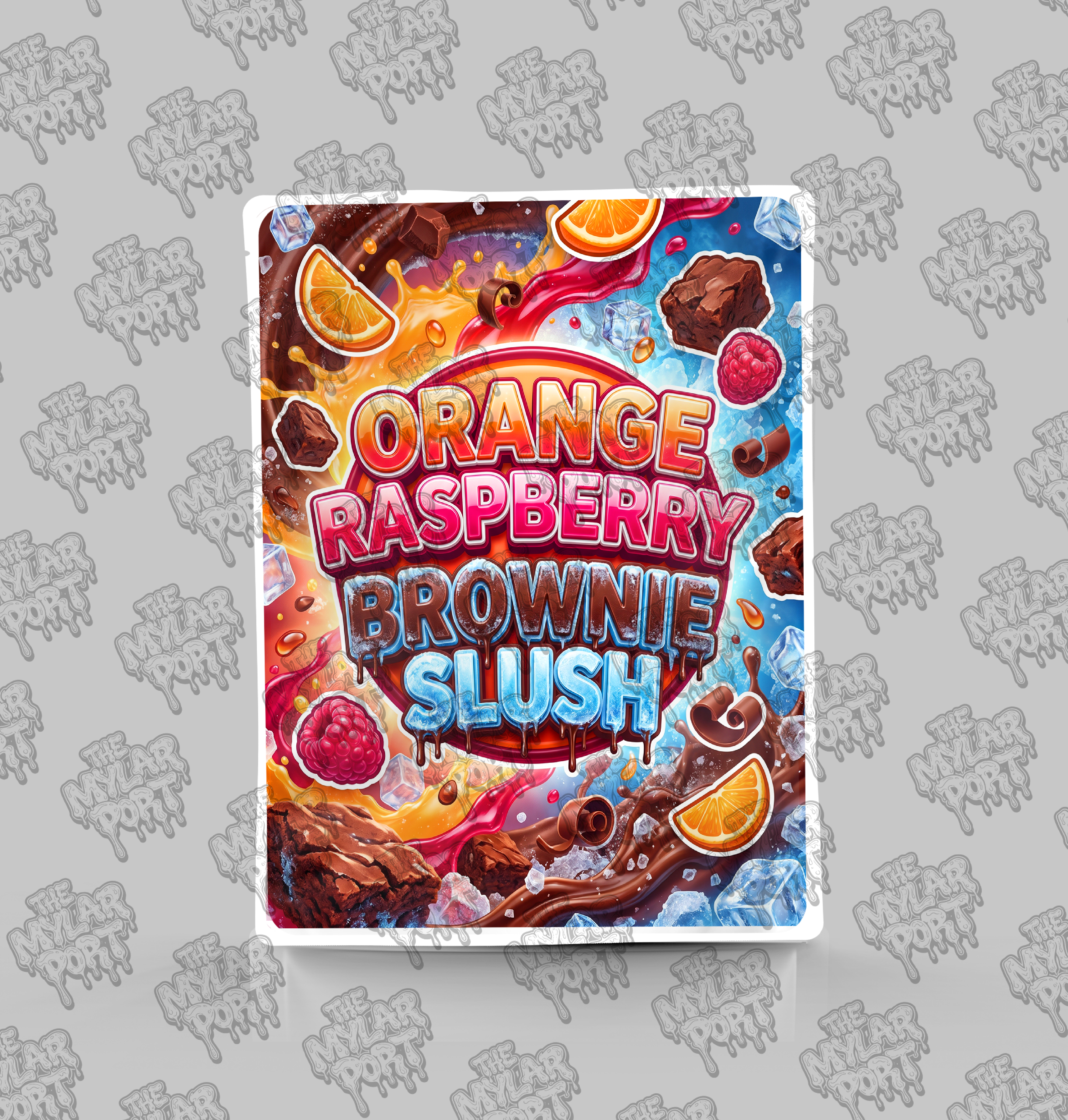 Orange Raspberry Brownie Slush premade digital mylar bag design by The Mylar Port