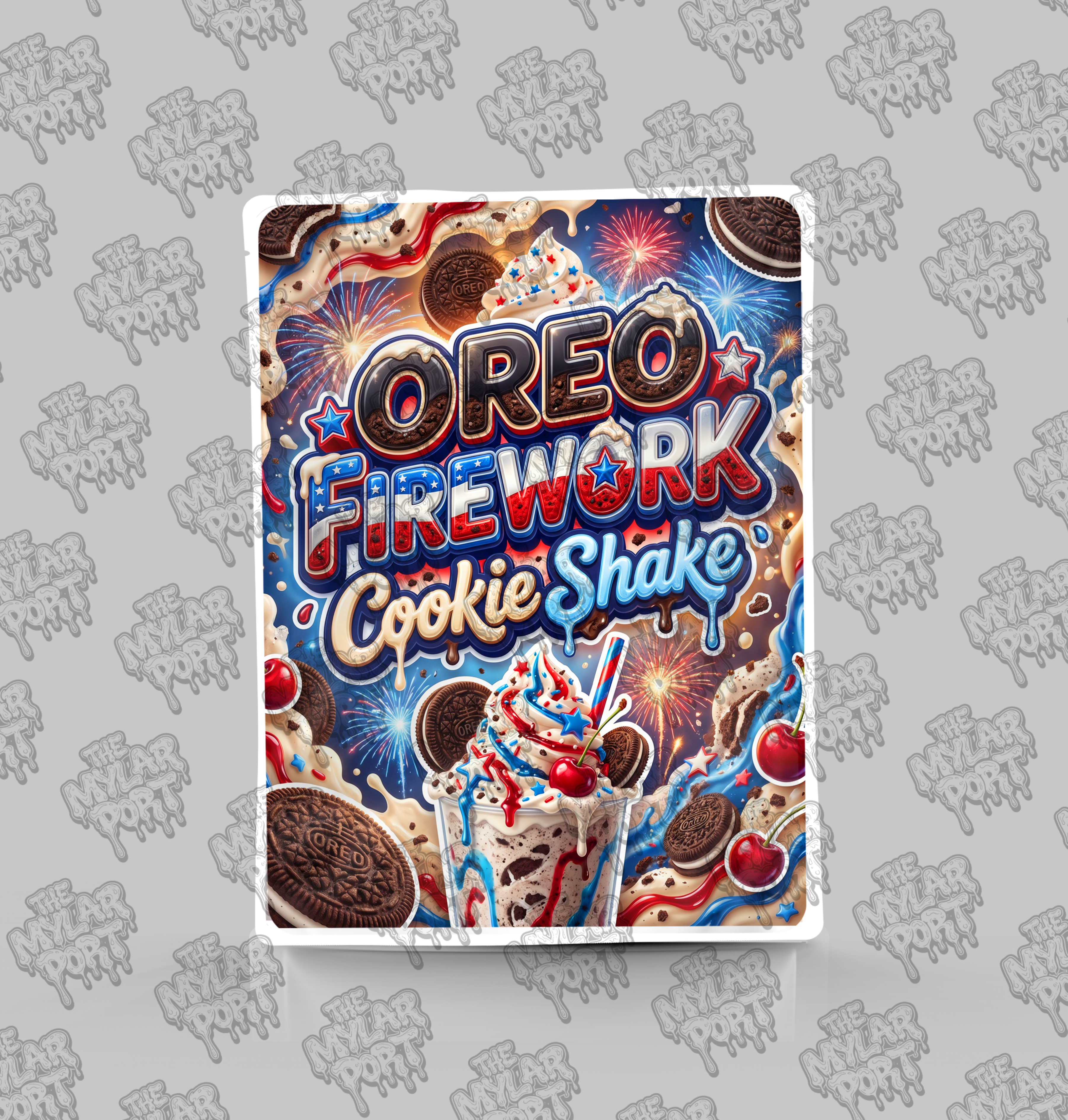 Oreo Firework Cookie Shake premade digital mylar bag design by The Mylar Port