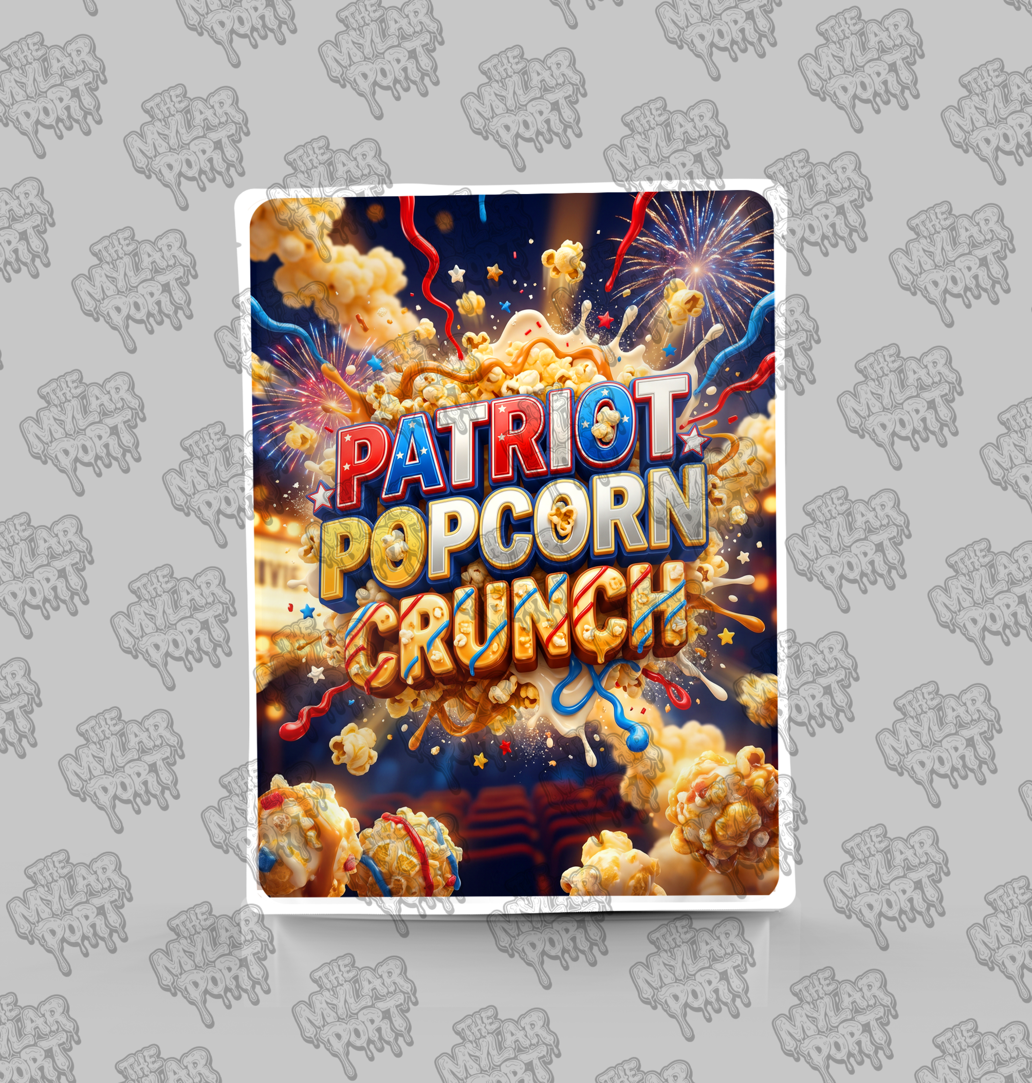 Patriot Popcorn Crunch premade digital mylar bag design by The Mylar Port