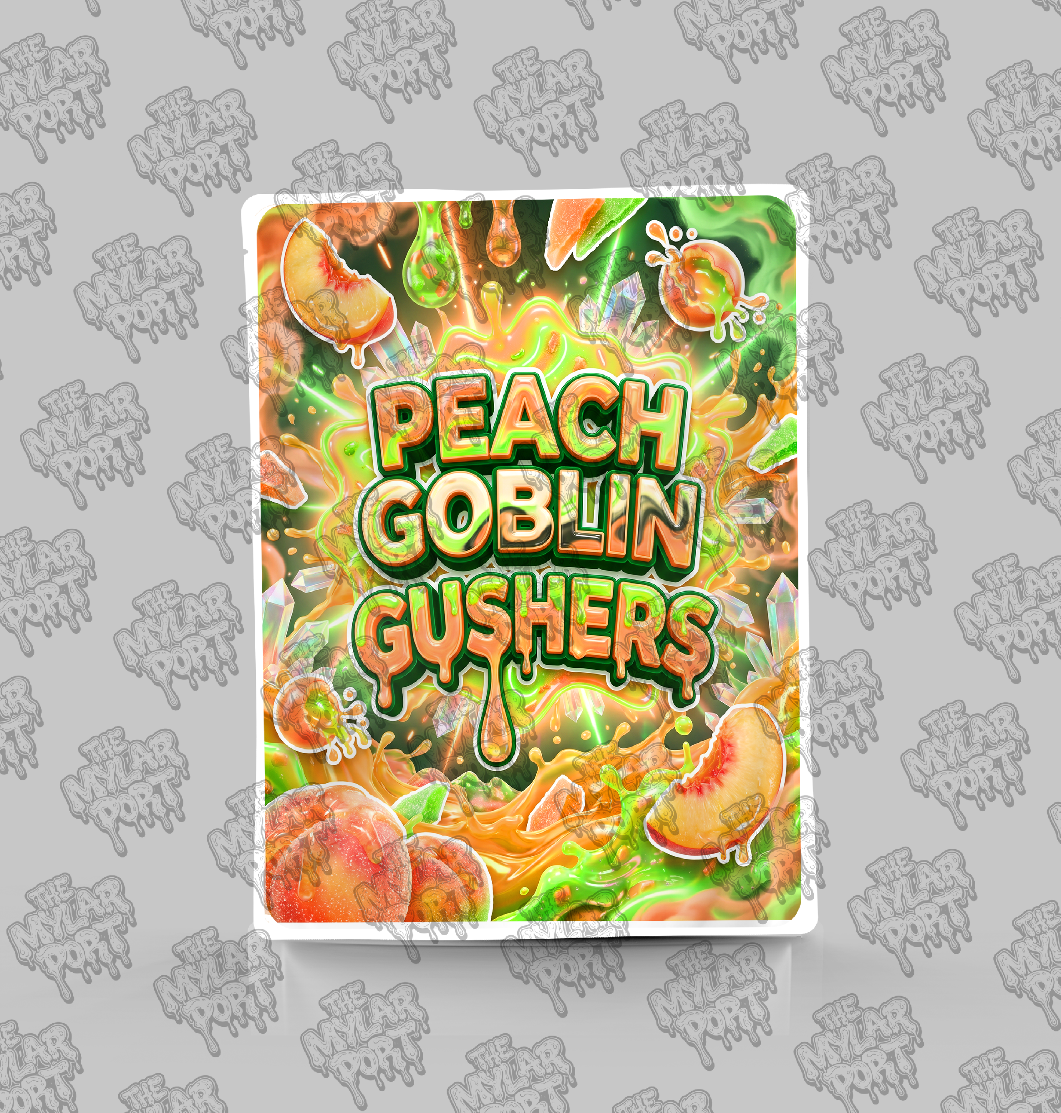Peach Goblin Gushers premade digital mylar bag design by The Mylar Port