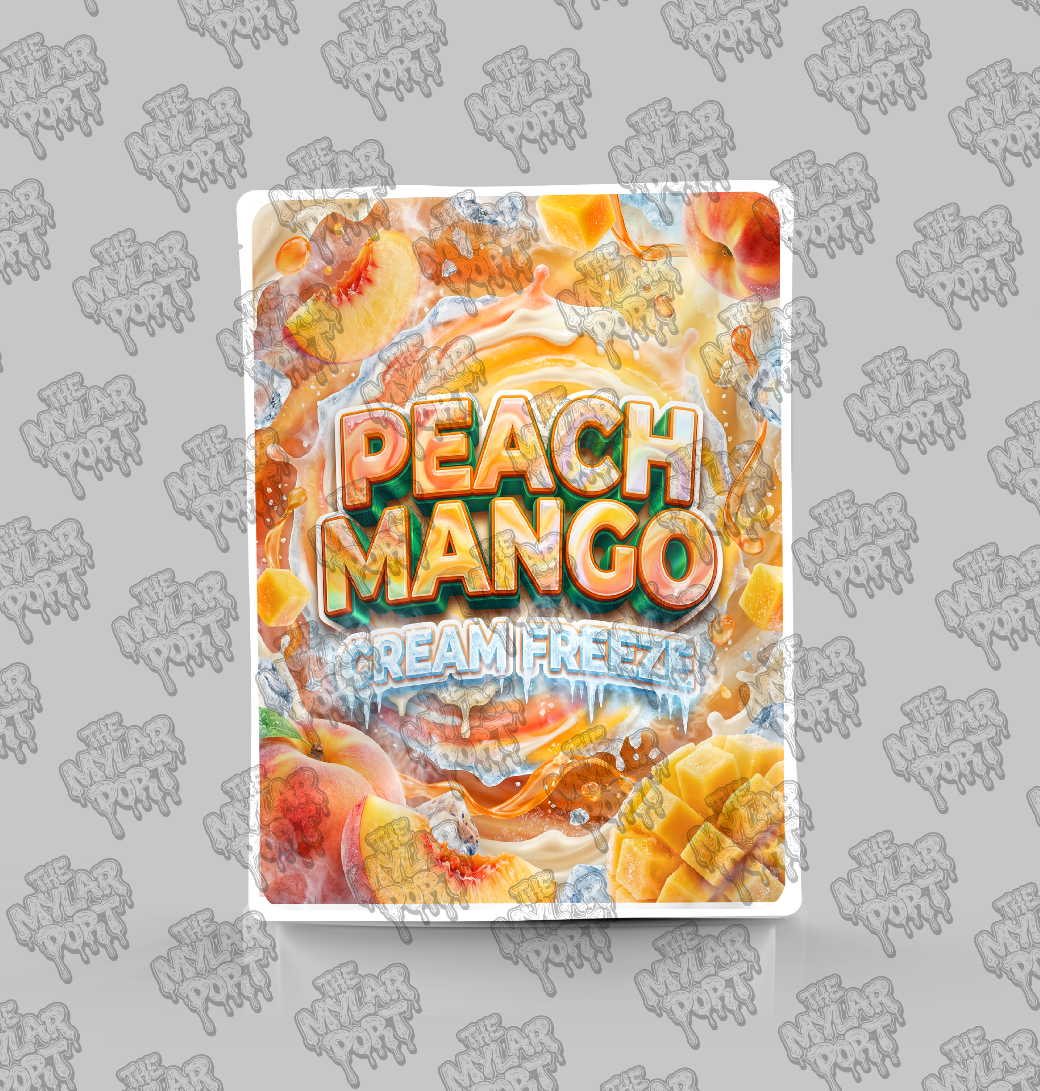 Peach Mango Cream Freeze premade digital mylar bag design by The Mylar Port