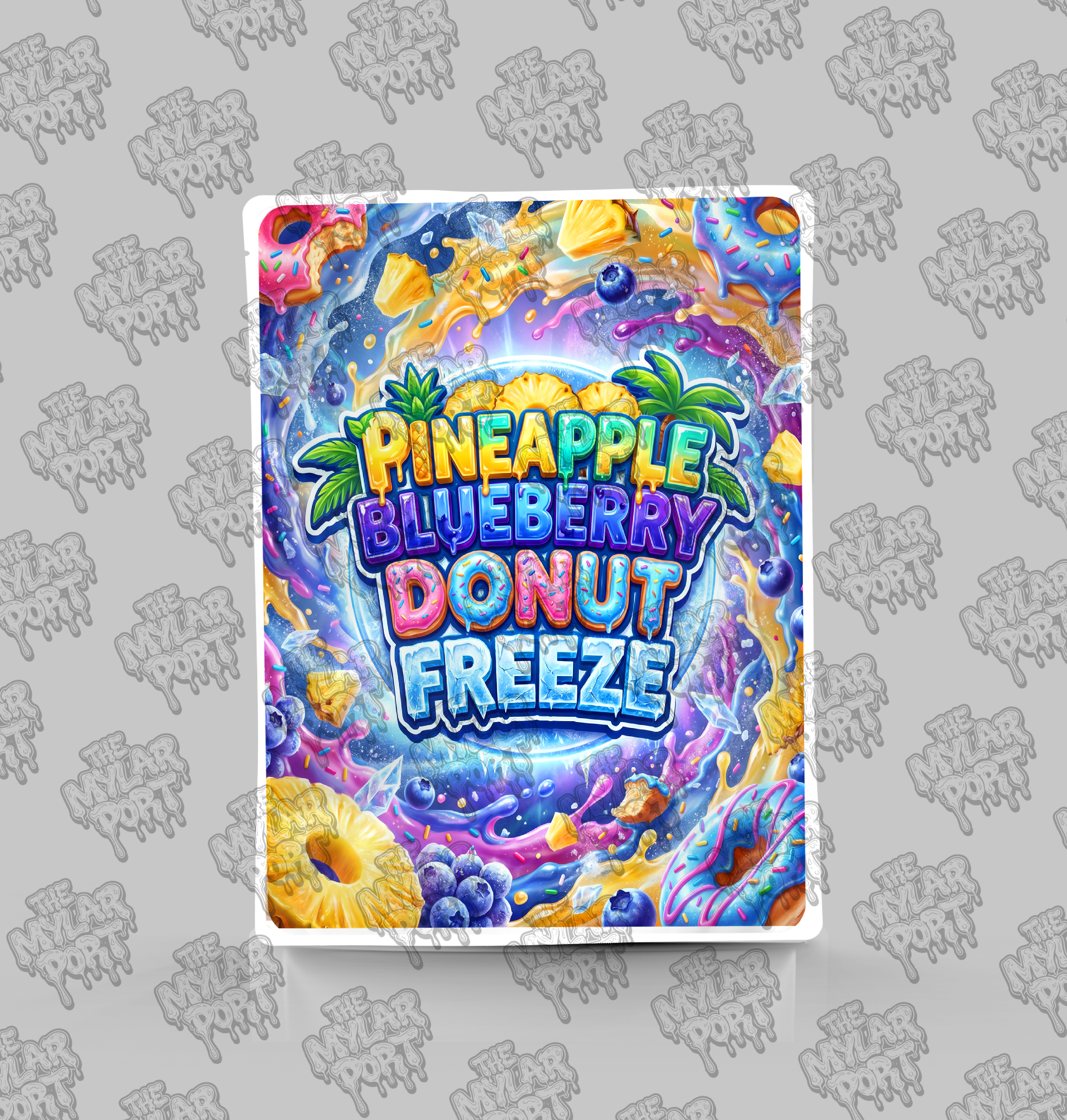 Pineapple Blueberry Donut Freeze premade digital mylar bag design by The Mylar Port