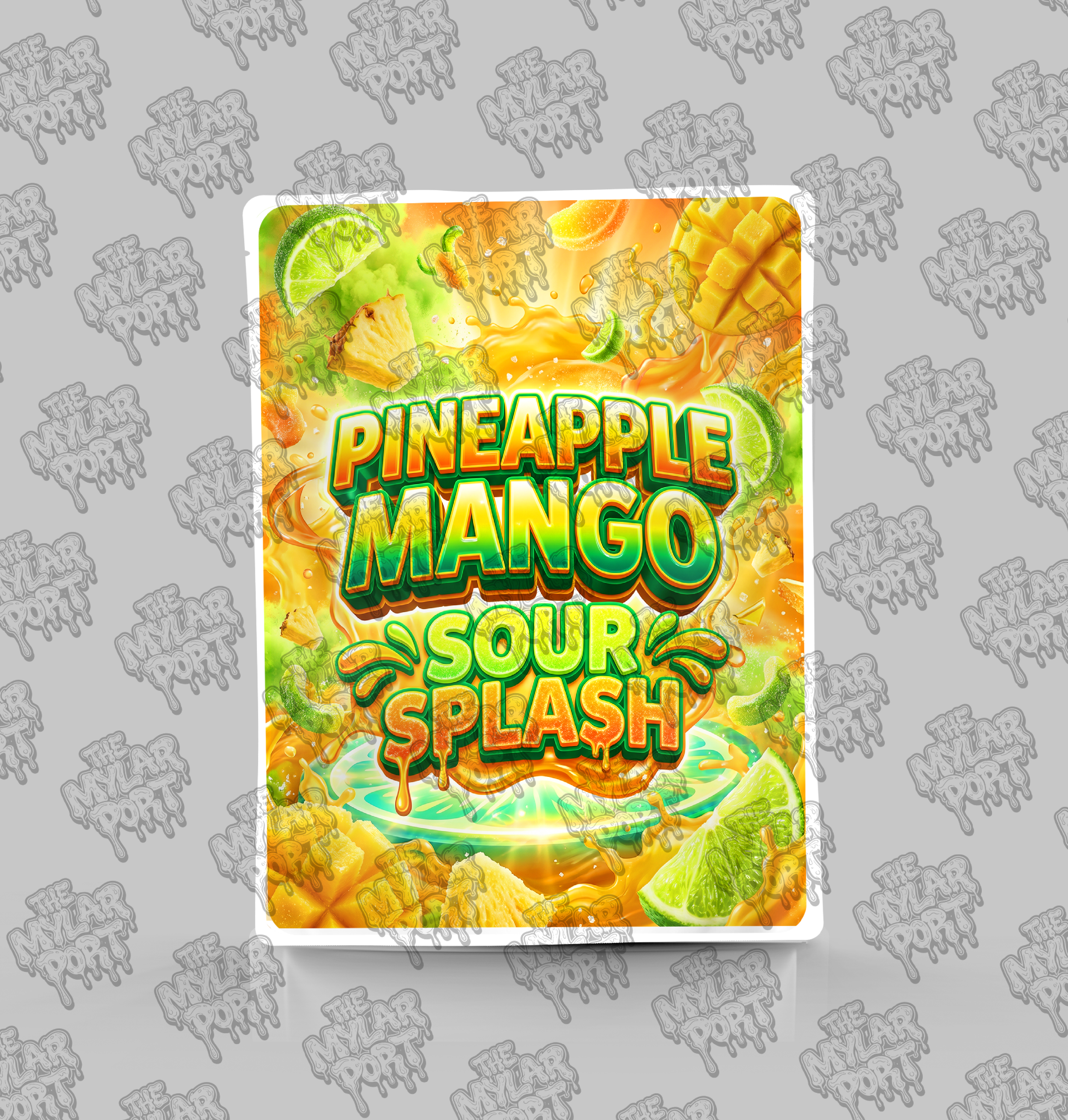 Pineapple Mango Sour Splash premade digital mylar bag design by The Mylar Port