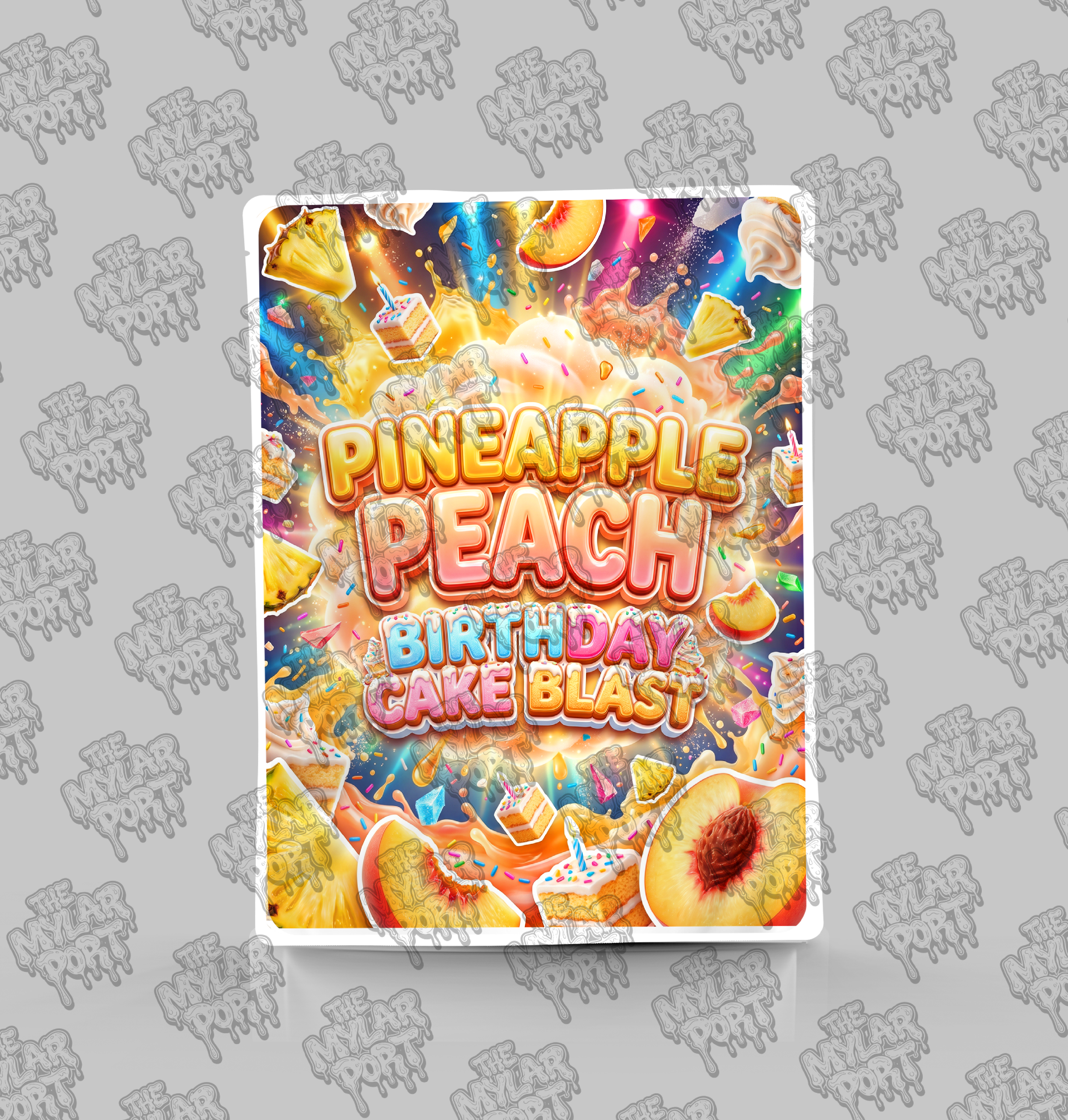 Pineapple Peach Birthday Cake Blast premade digital mylar bag design by The Mylar Port