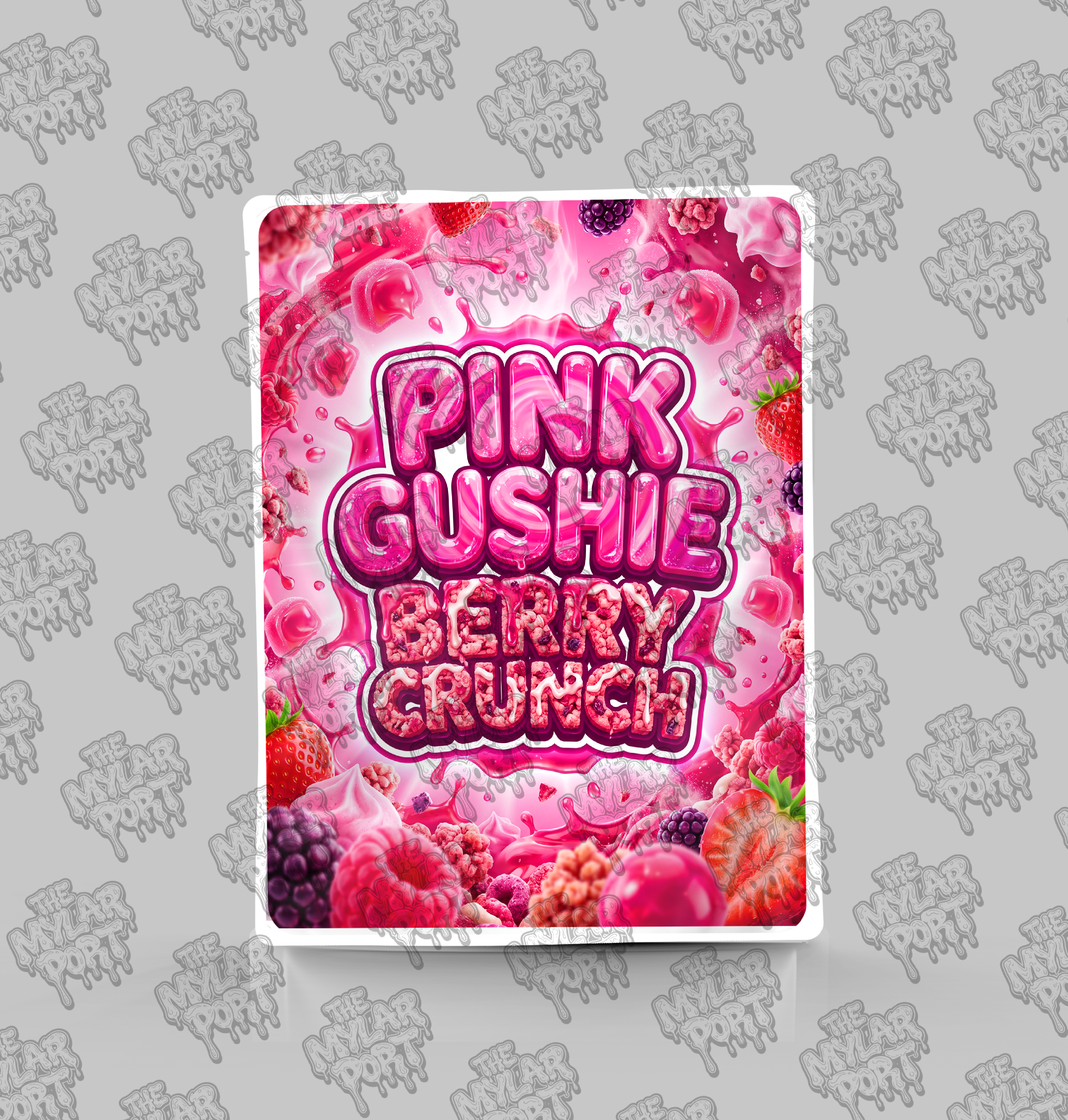 Pink Gushie Berry Crunch premade digital mylar bag design by The Mylar Port