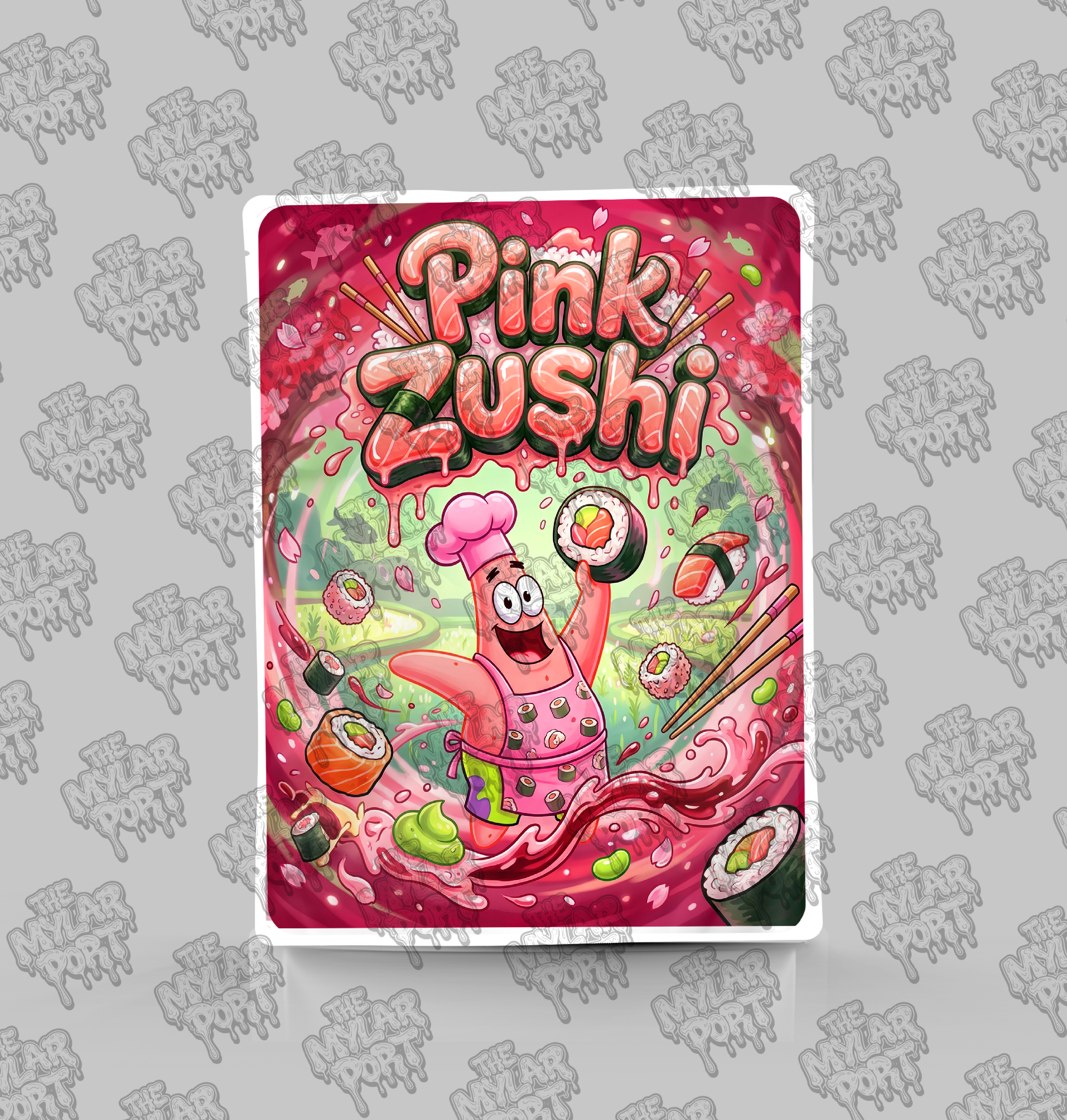 Pink Zushi premade digital mylar bag design by The Mylar Port