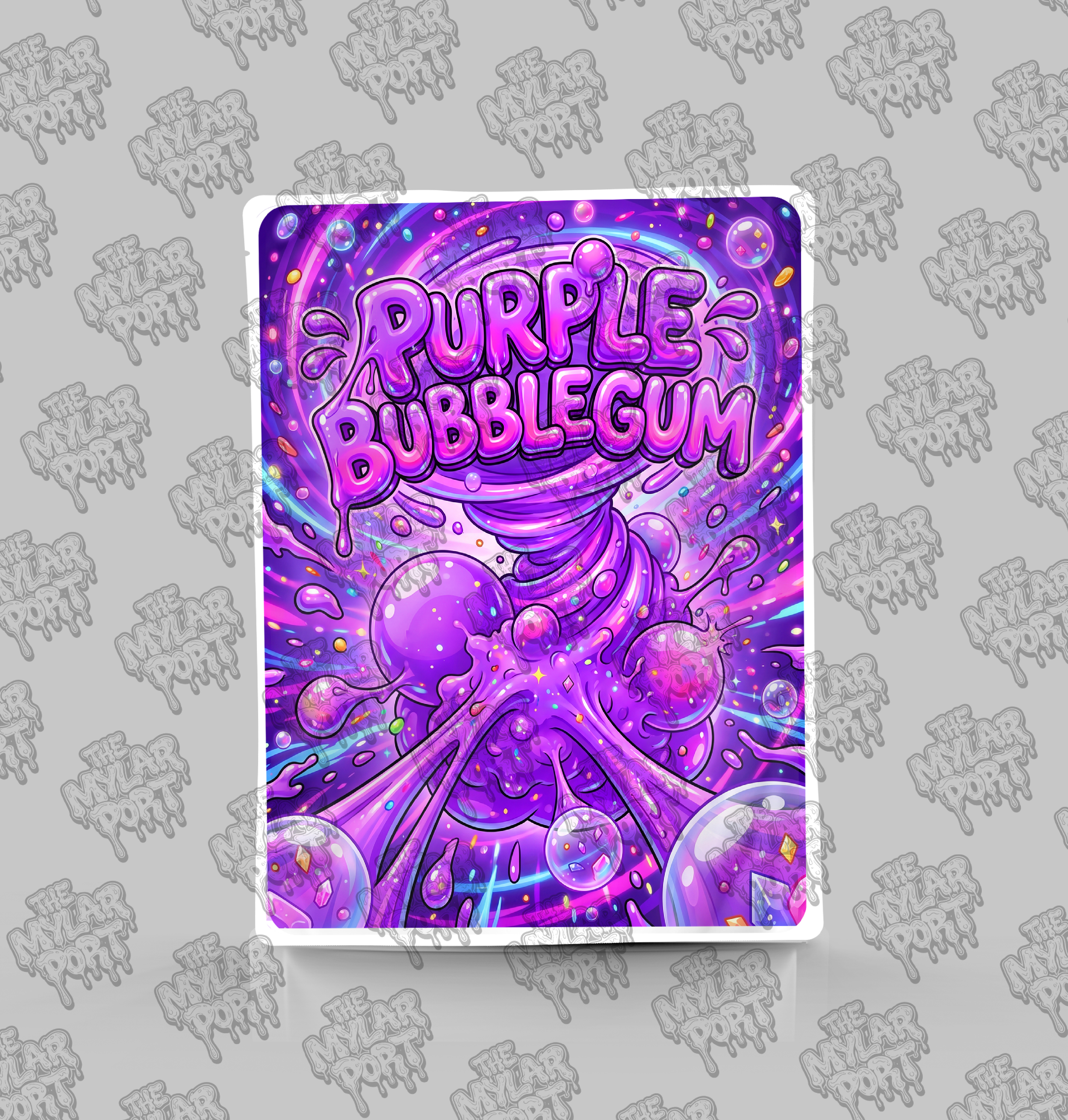 Purple Bubblegum premade digital mylar bag design by The Mylar Port