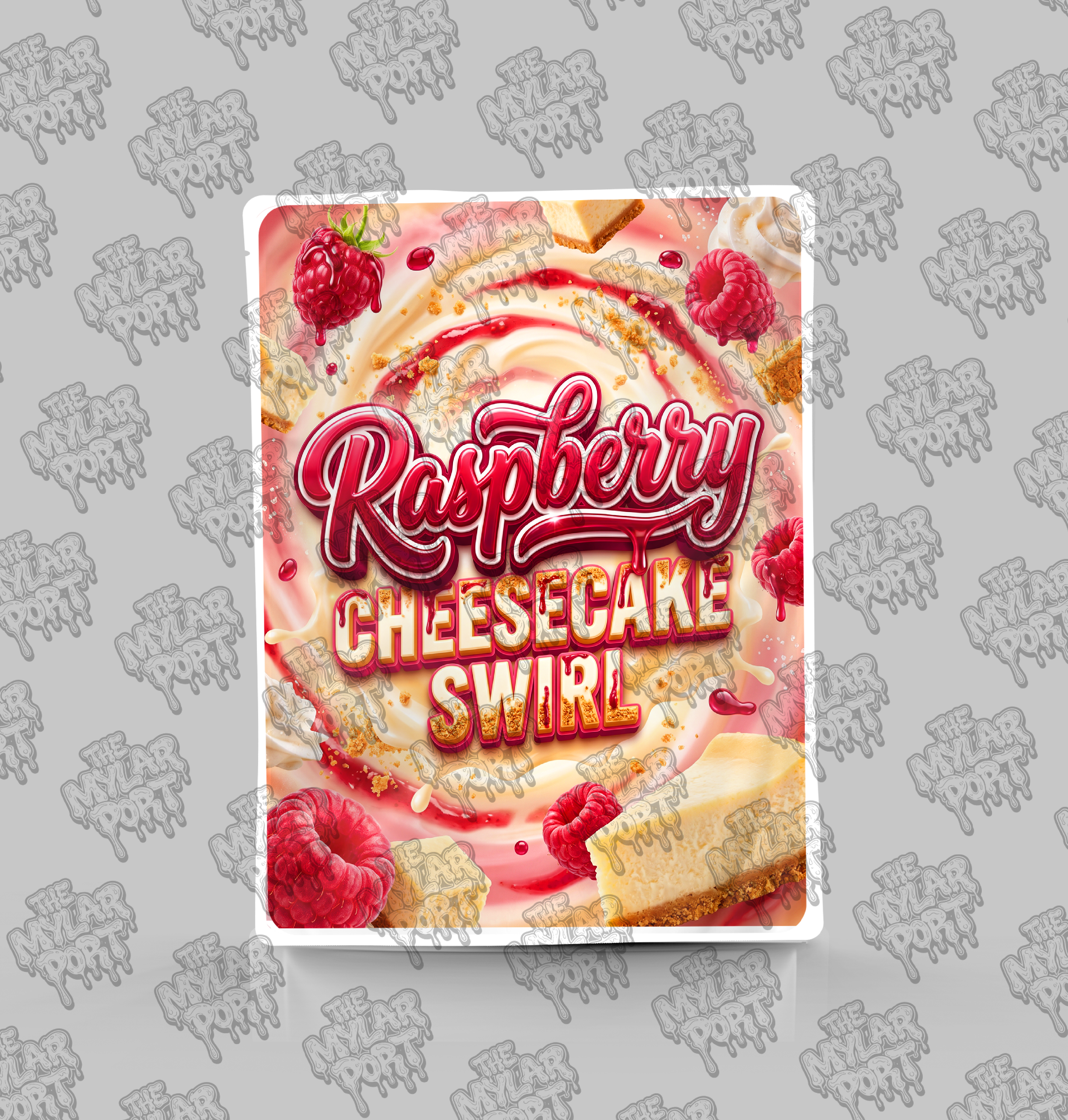 Raspberry Cheesecake Swirl premade digital mylar bag design by The Mylar Port