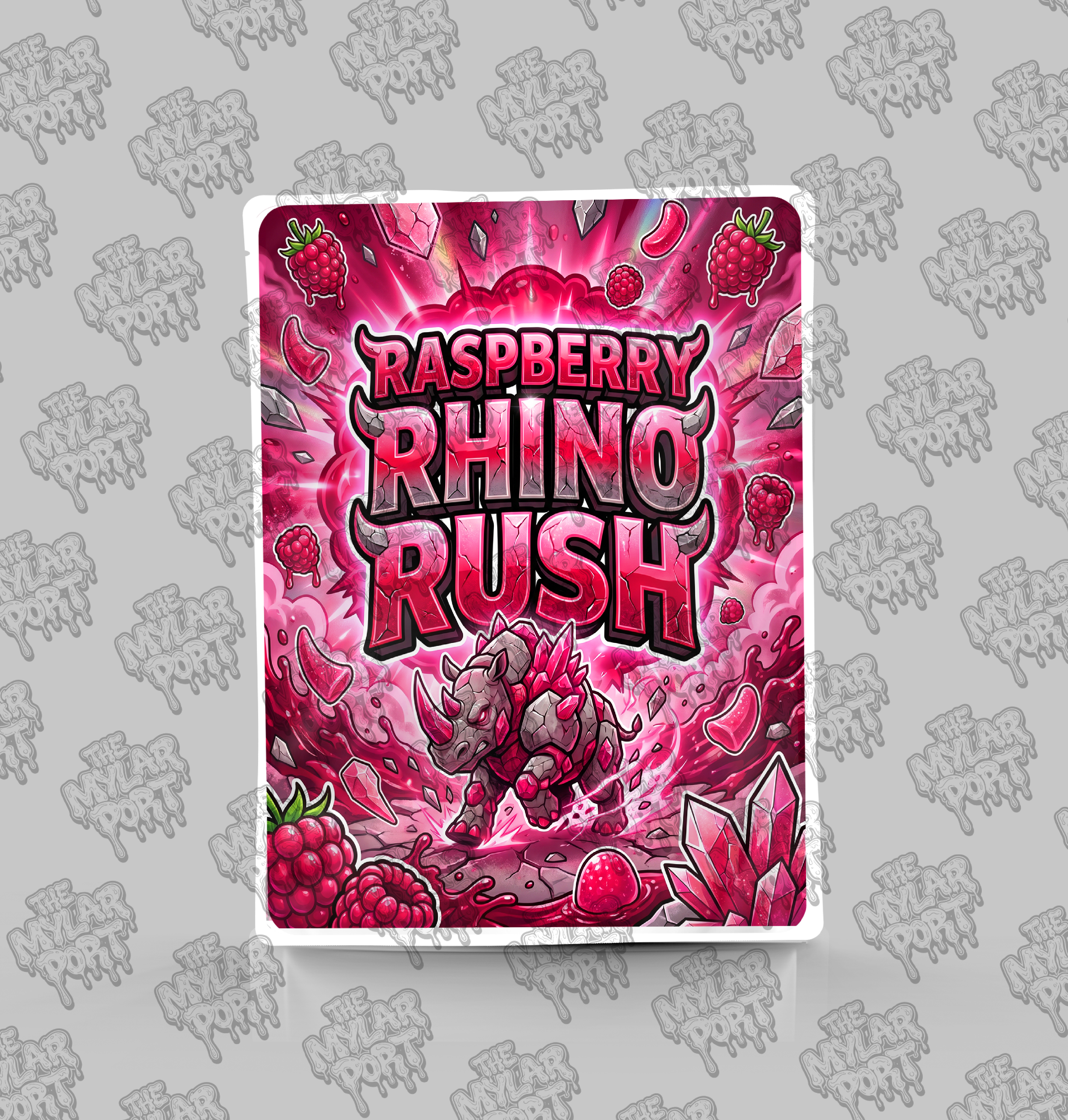 Raspberry Rhino Rush premade digital mylar bag design by The Mylar Port