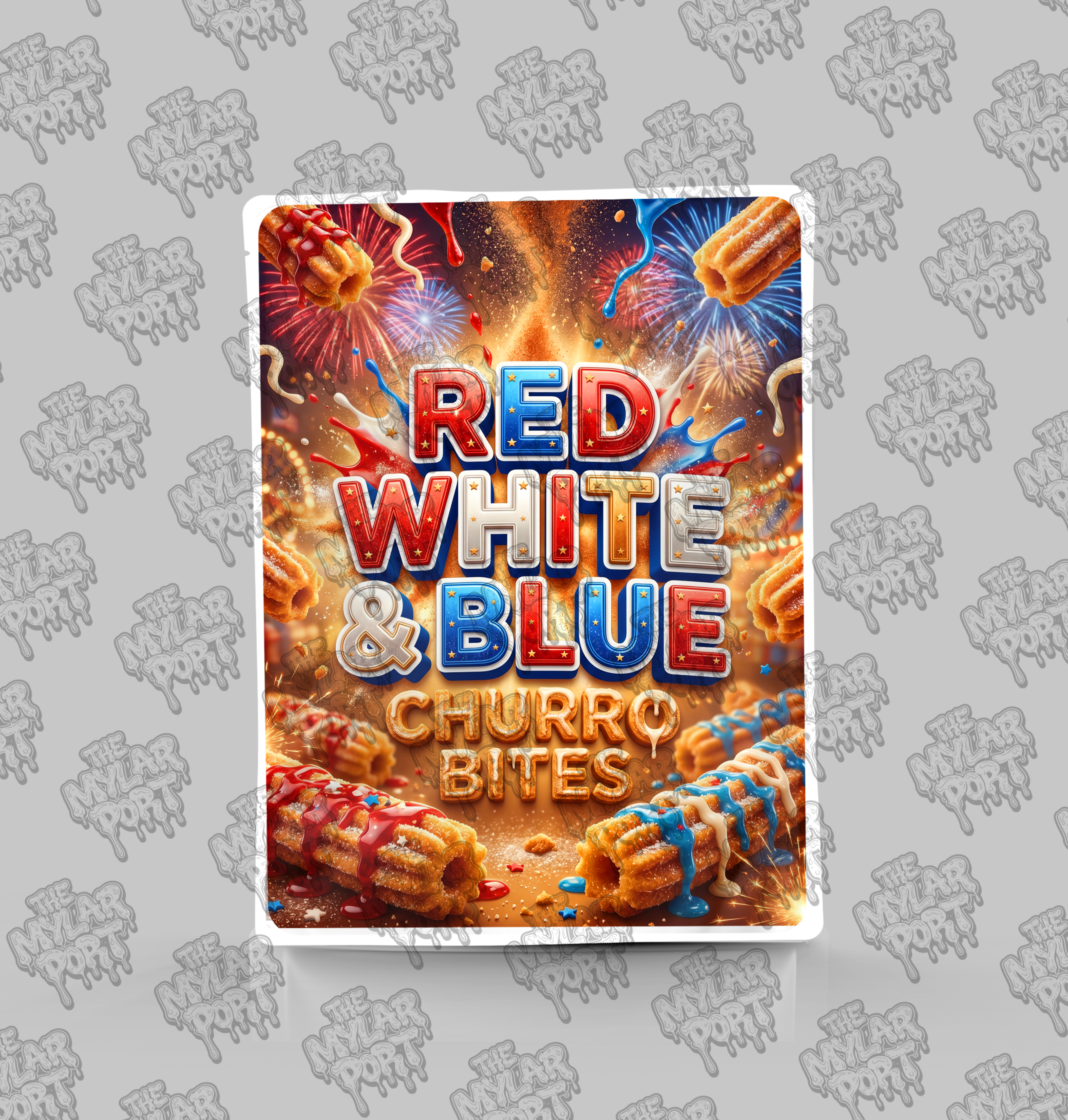 Red white and Blue Churro Bites premade digital mylar bag design by The Mylar Port
