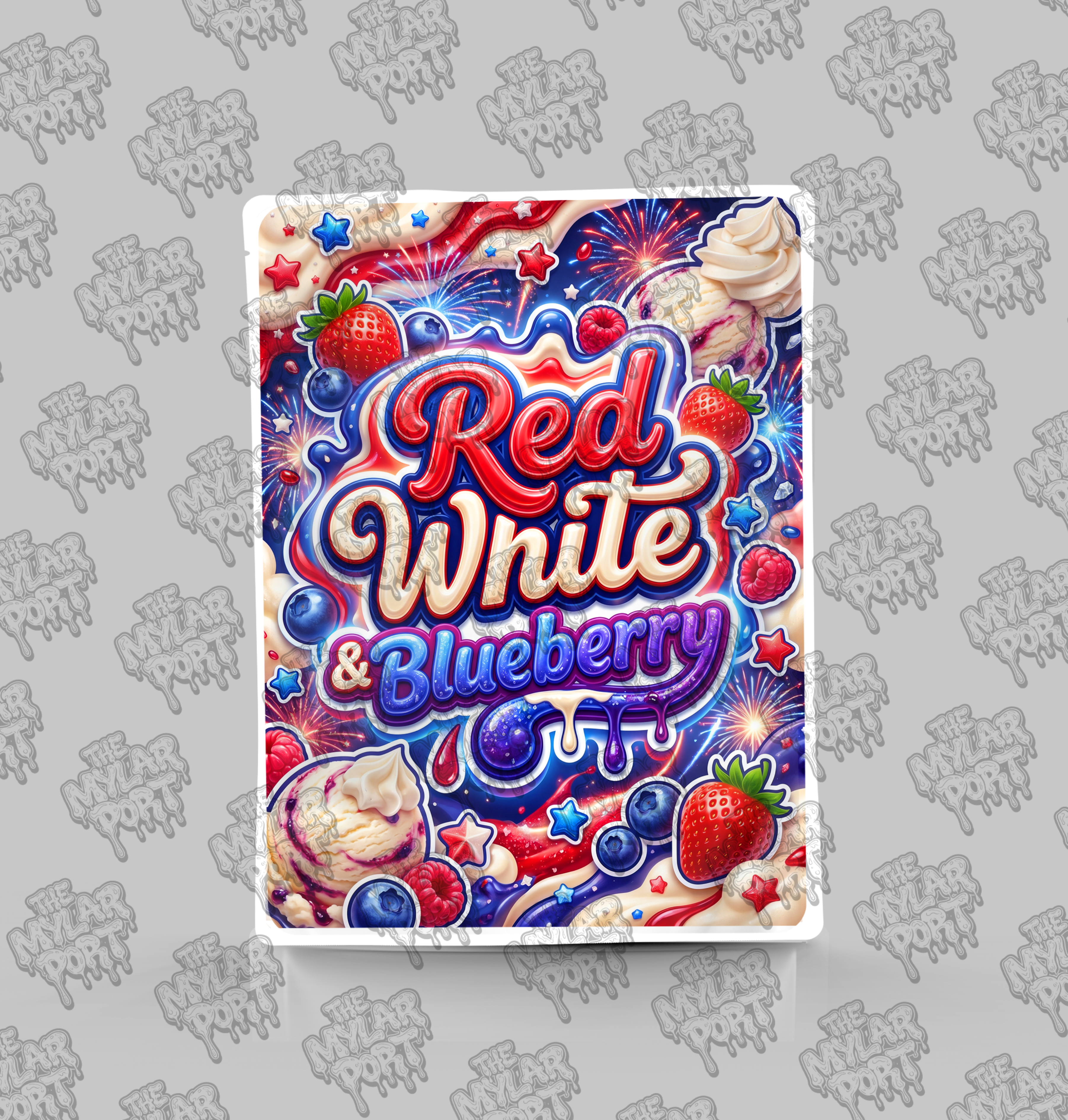 Red white and blueberry premade digital mylar bag design by The Mylar Port