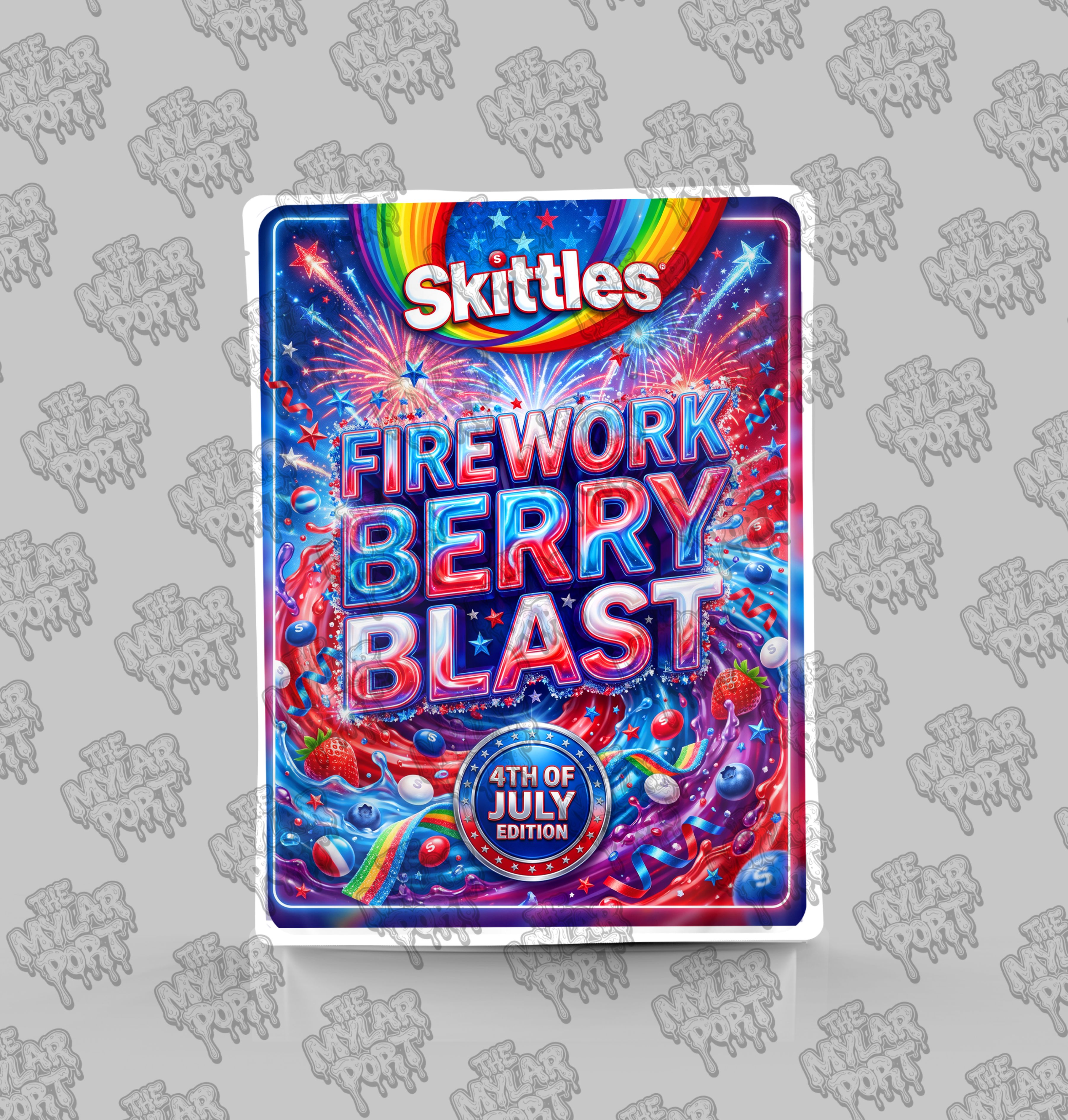 Skittles Firework Berry Blast premade digital mylar bag design by The Mylar Port