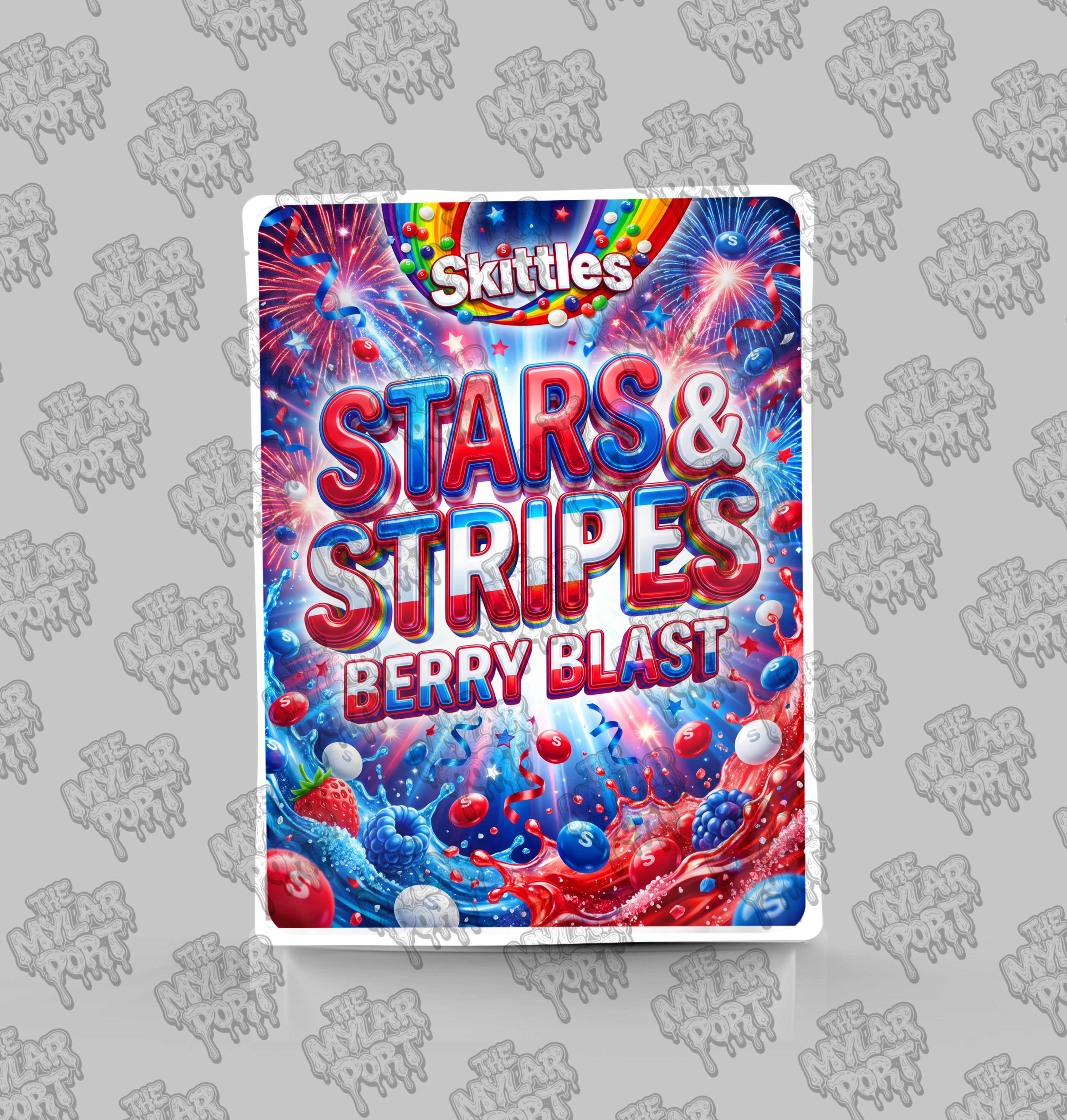 Skittles Stars And Stripes Berry Blast premade digital mylar bag design by The Mylar Port