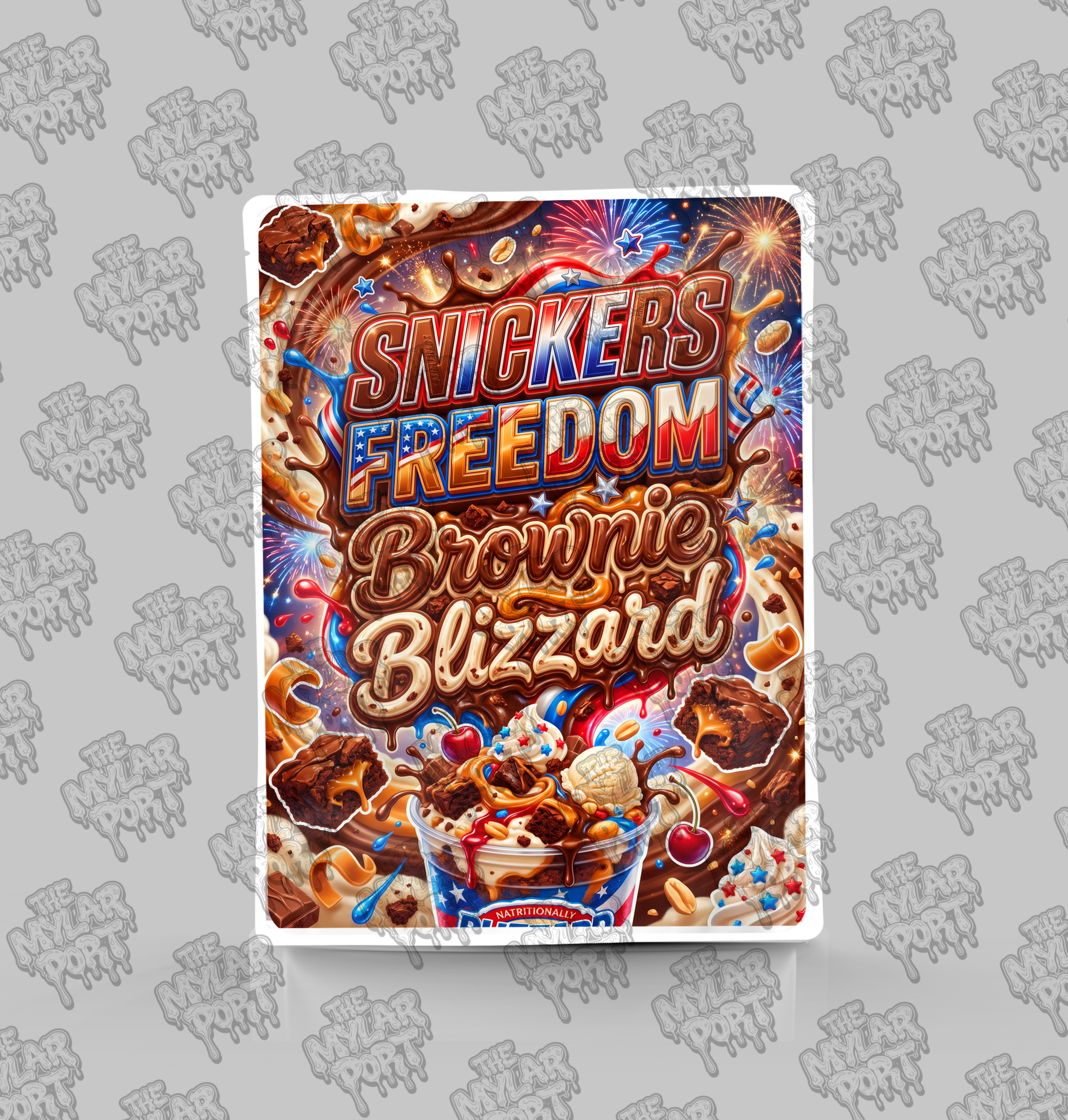 Snickers Freedome Brownie Blizzard premade digital mylar bag design by The Mylar Port