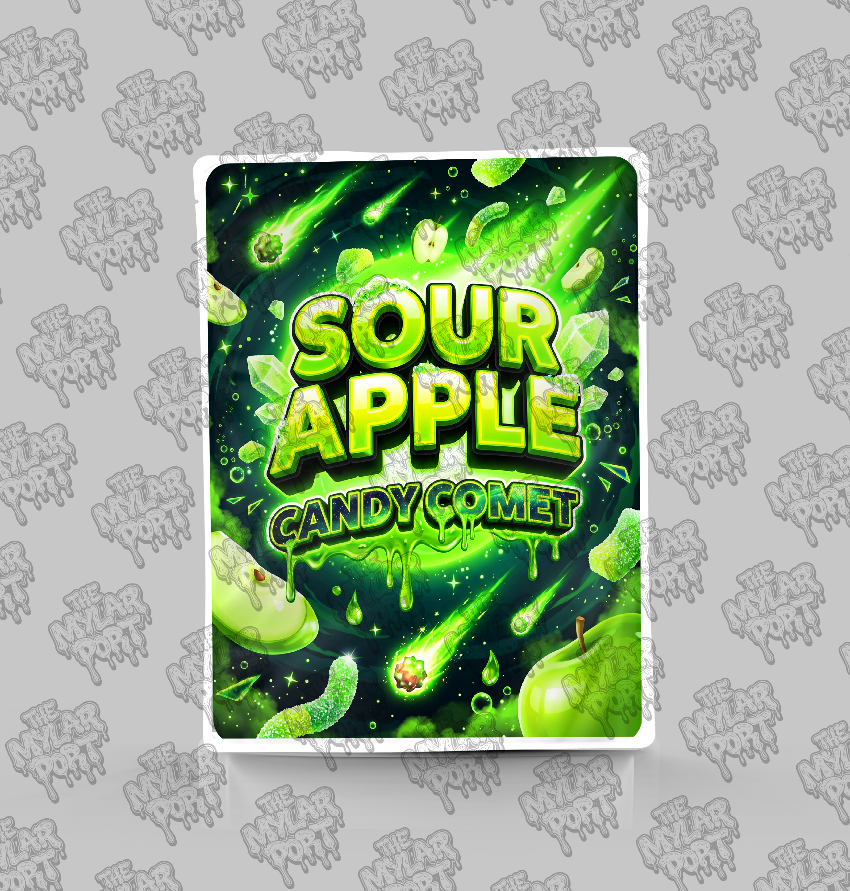 Sour Apple Candy Comet premade digital mylar bag design by The Mylar Port