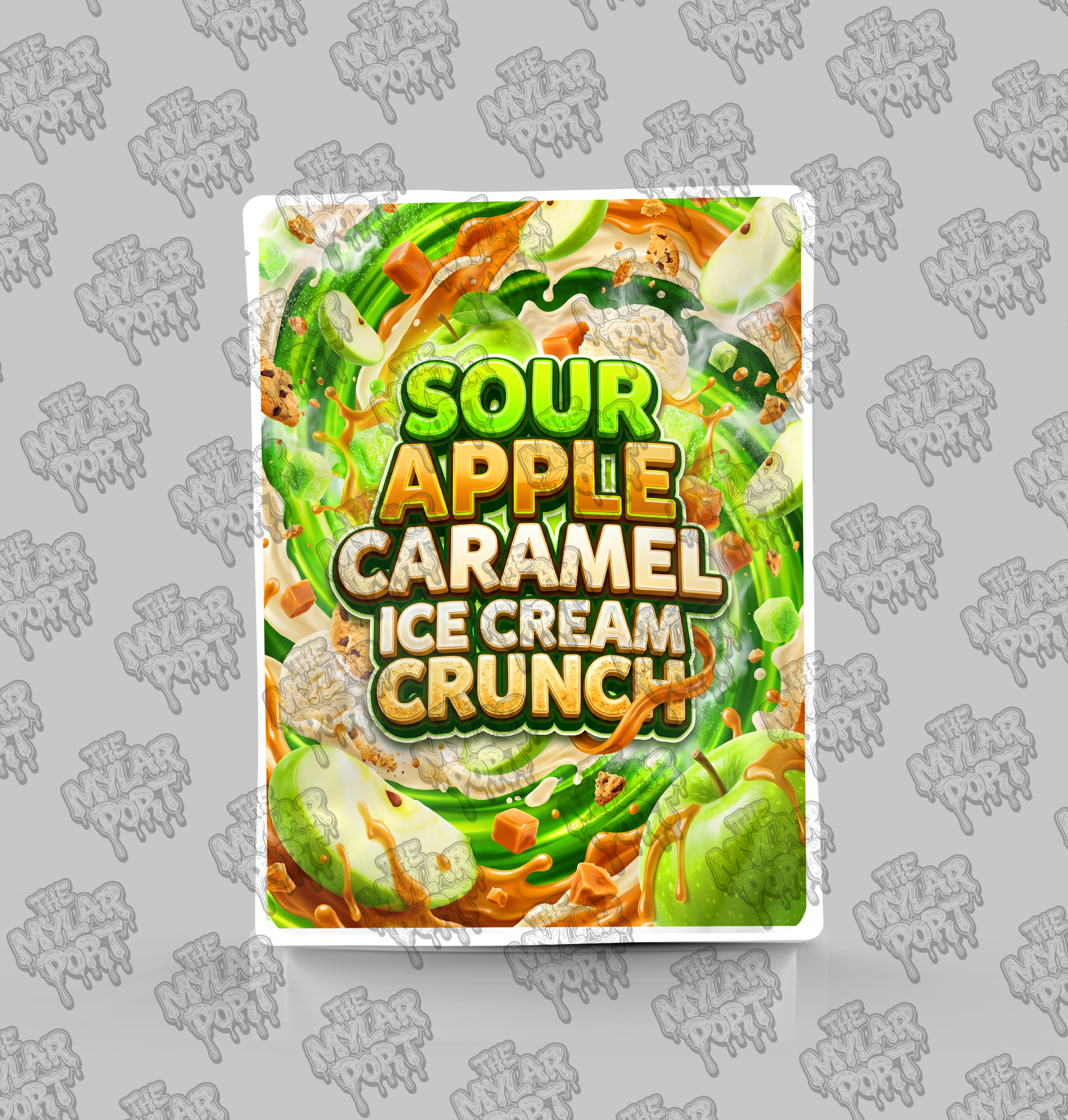 Sour Apple Caramel Ice Cream Crunch premade digital mylar bag design by The Mylar Port
