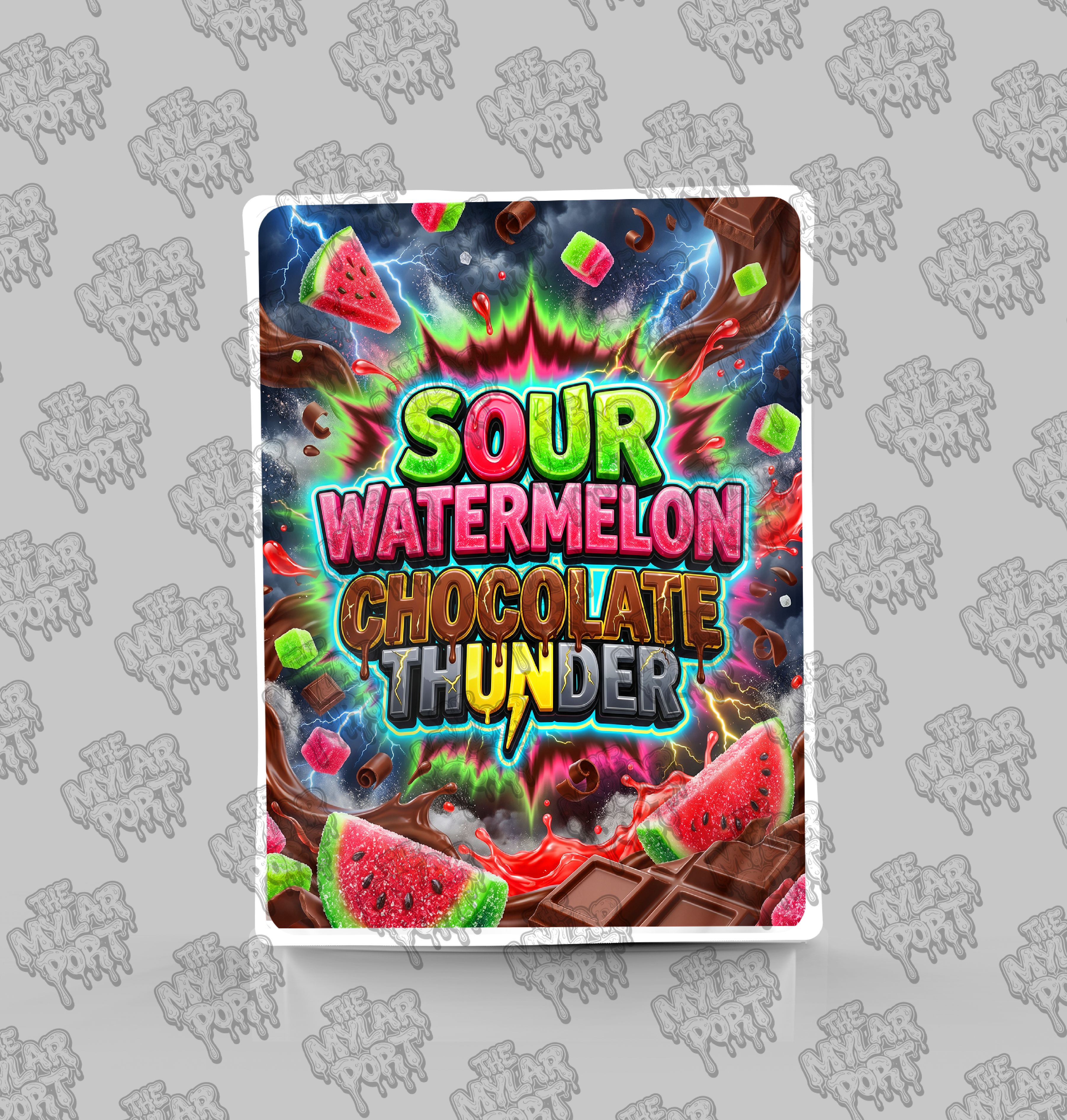 Sour Watermelon Chocolate Thunder premade digital mylar bag design by The Mylar Port