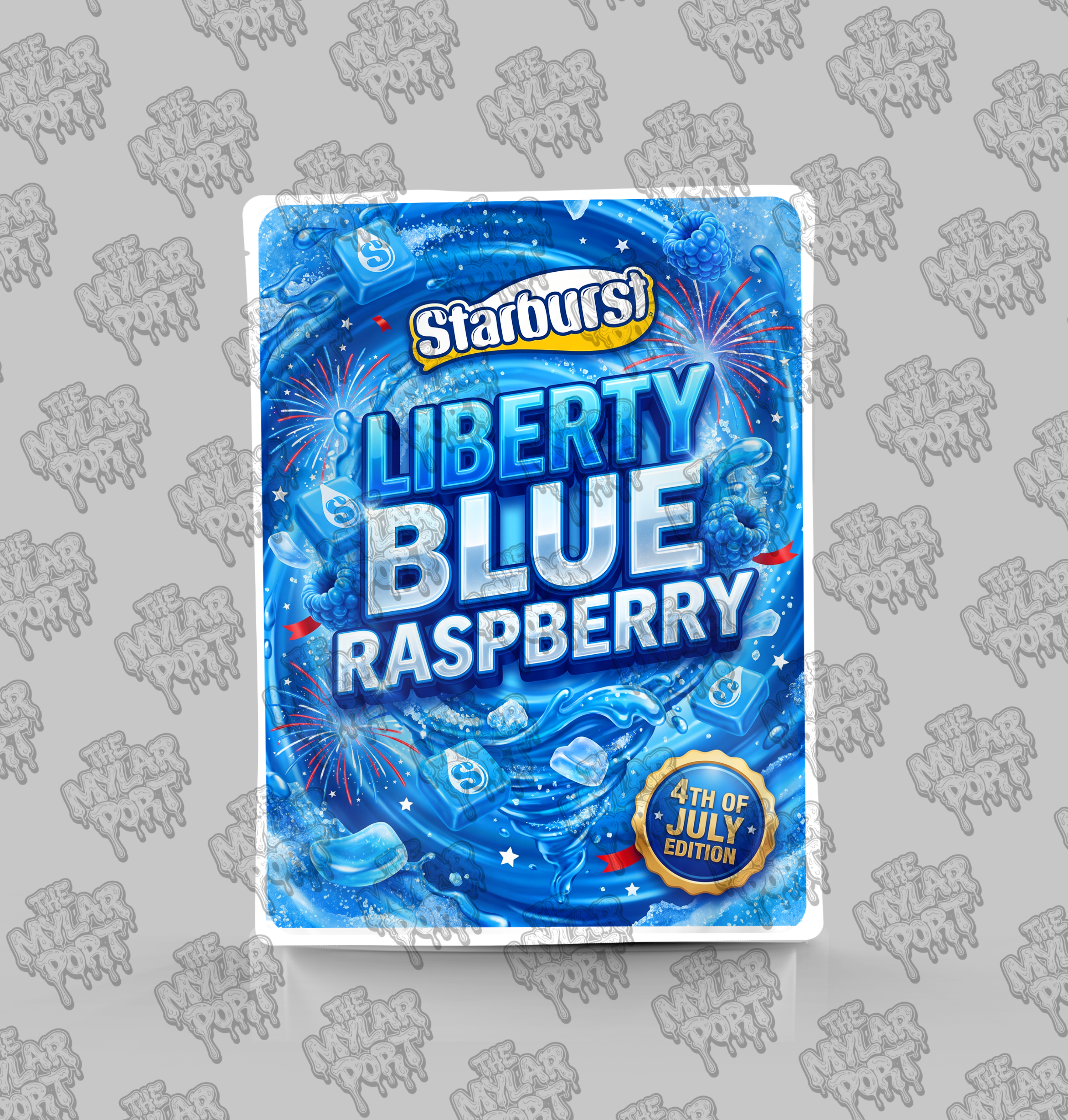 Starburst Liberty Blue Raspberry premade digital mylar bag design by The Mylar Port