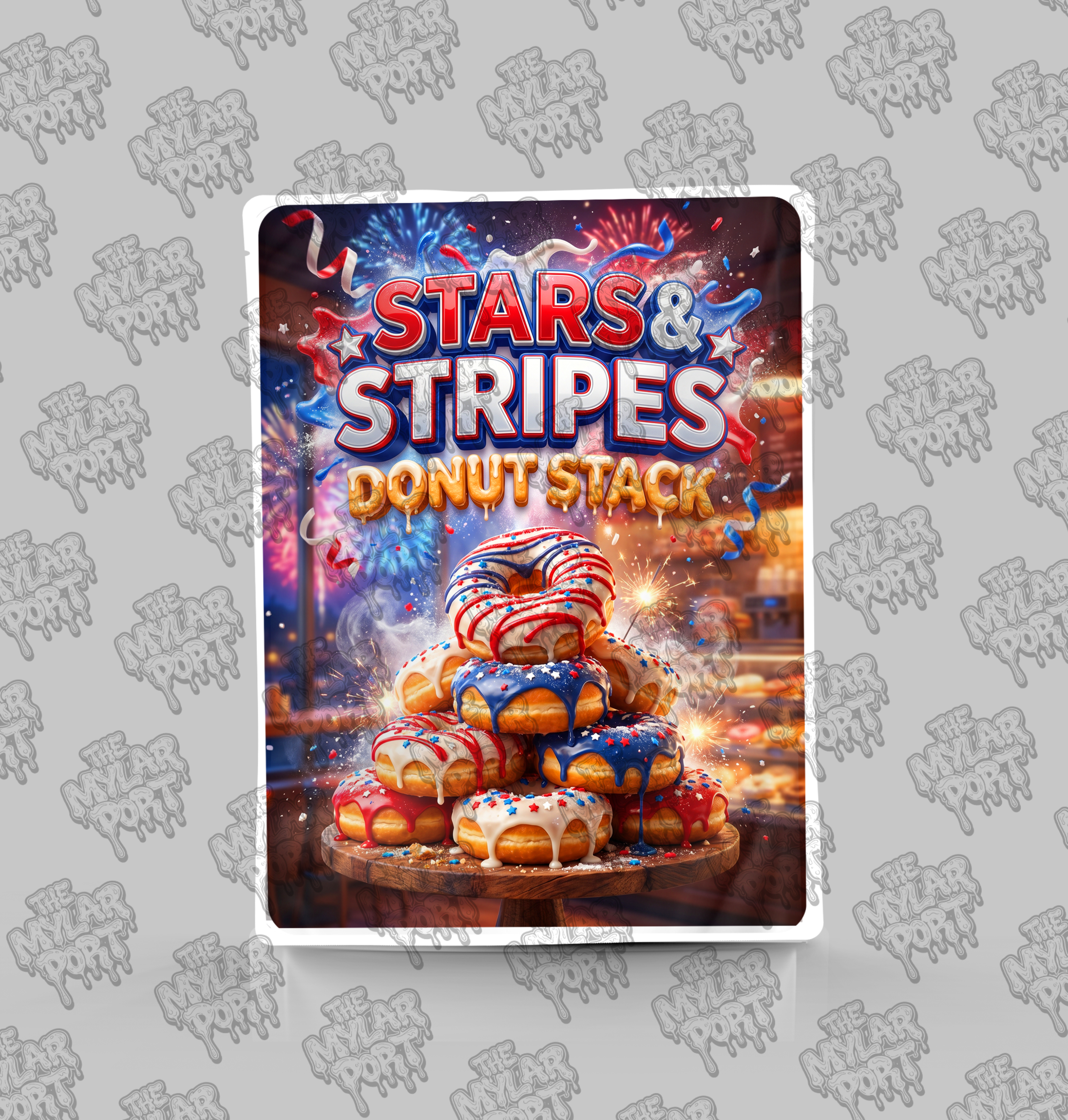 Stars and Stripes Donut Stack premade digital mylar bag design by The Mylar Port