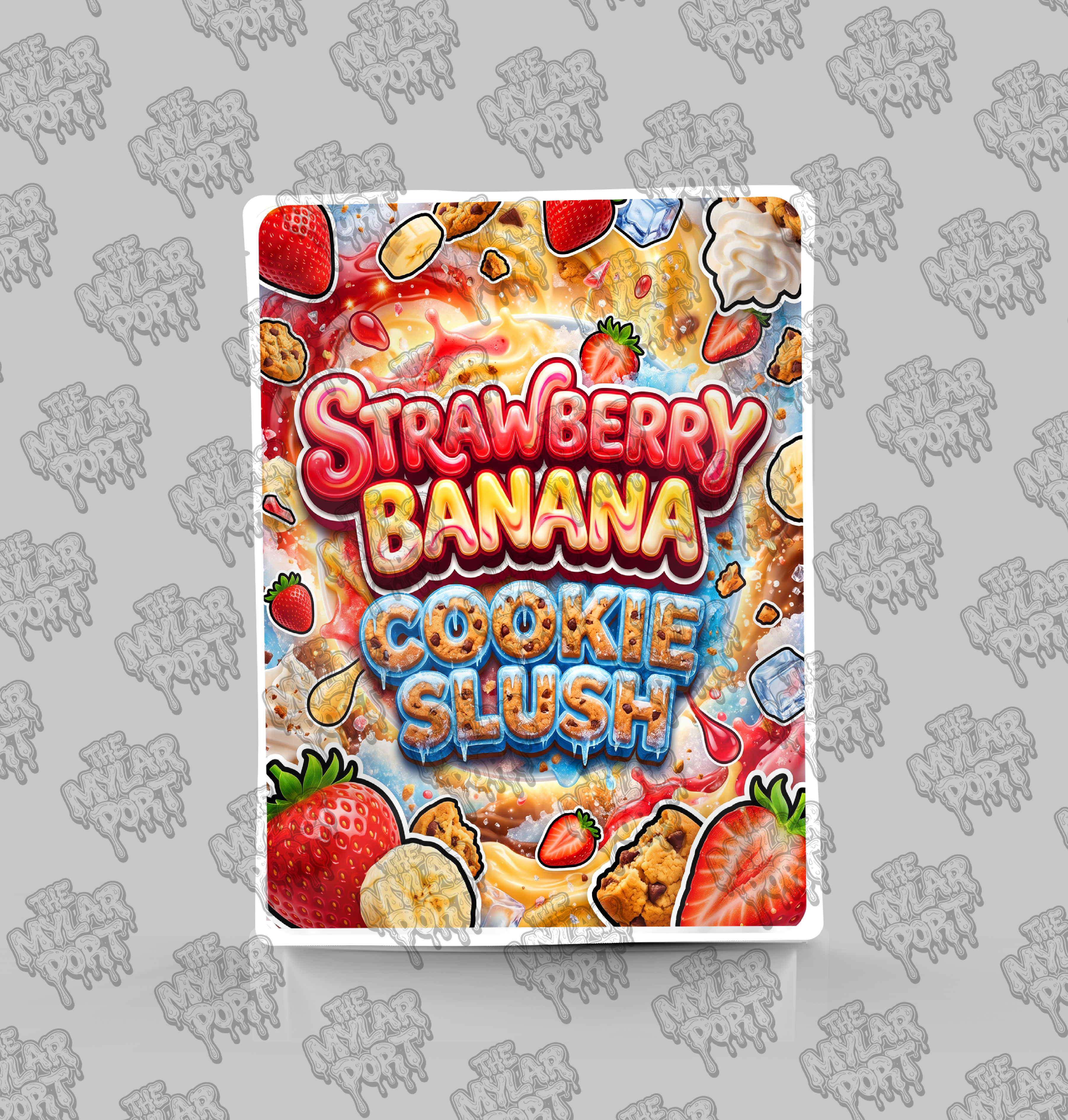 Strawberry Banana Cookie Slush premade digital mylar bag design by The Mylar Port