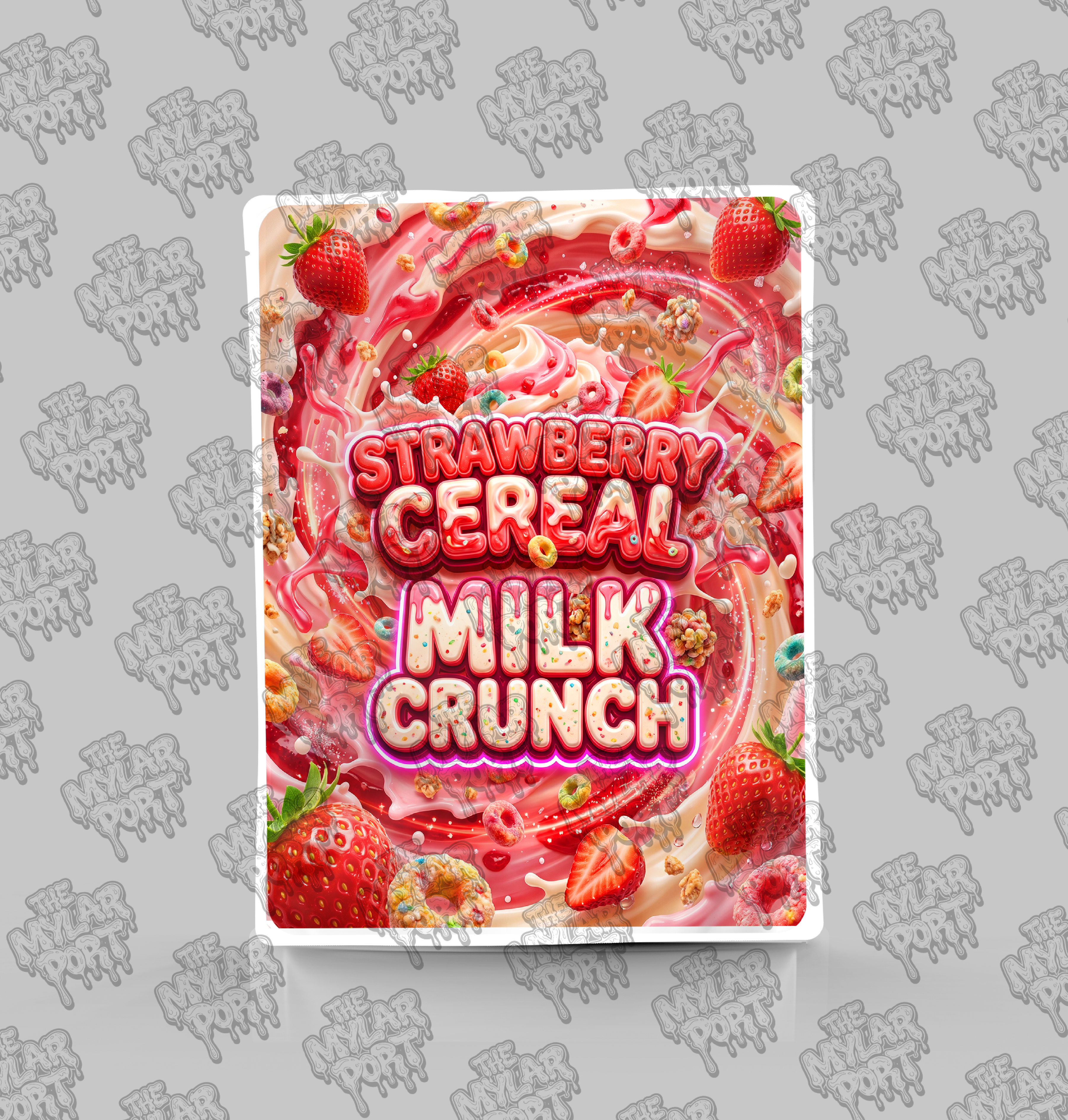 Strawberry Cereal Milk Crunch premade digital mylar bag design by The Mylar Port
