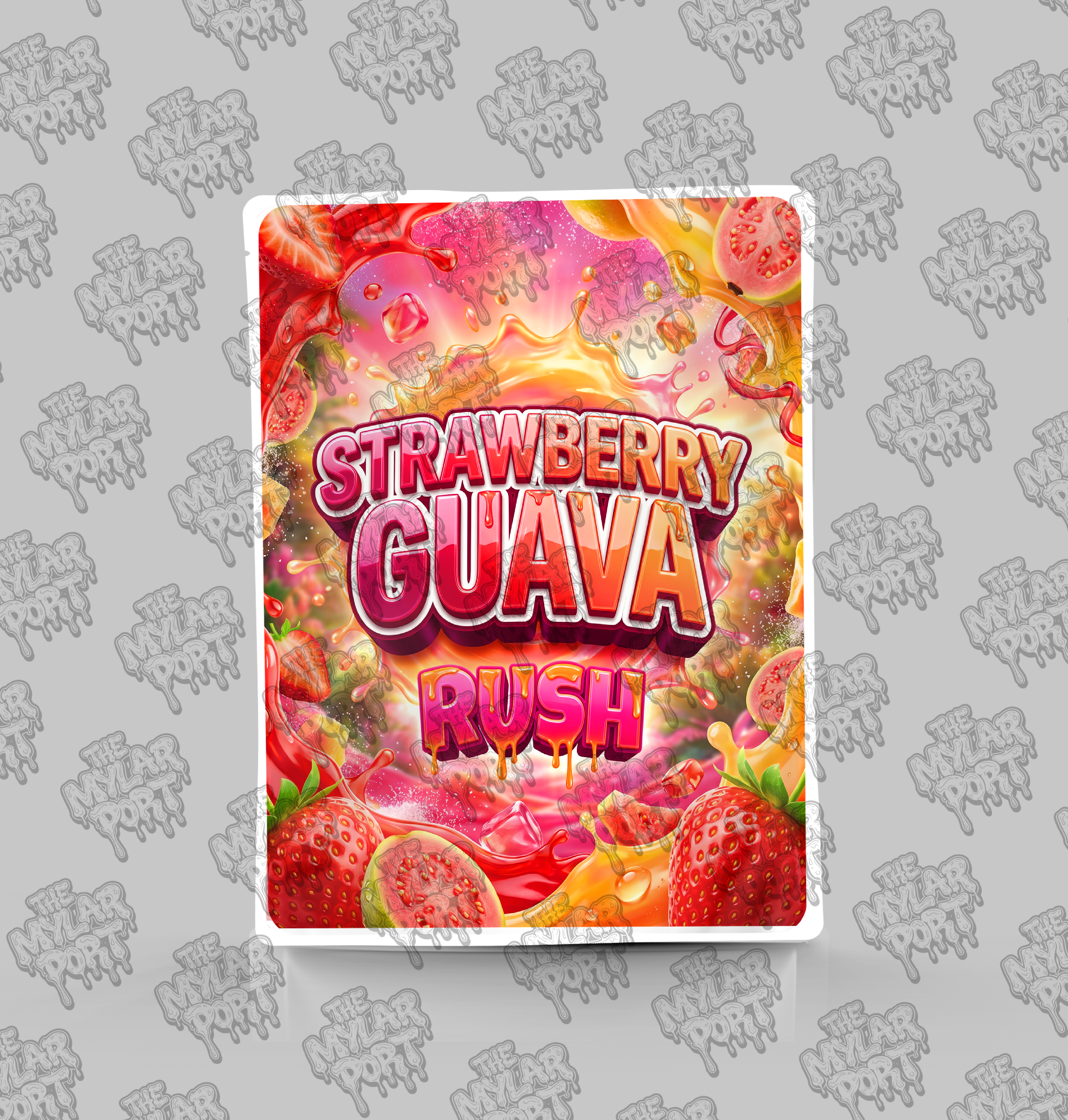 Strawberry Guava Rush premade digital mylar bag design by The Mylar Port
