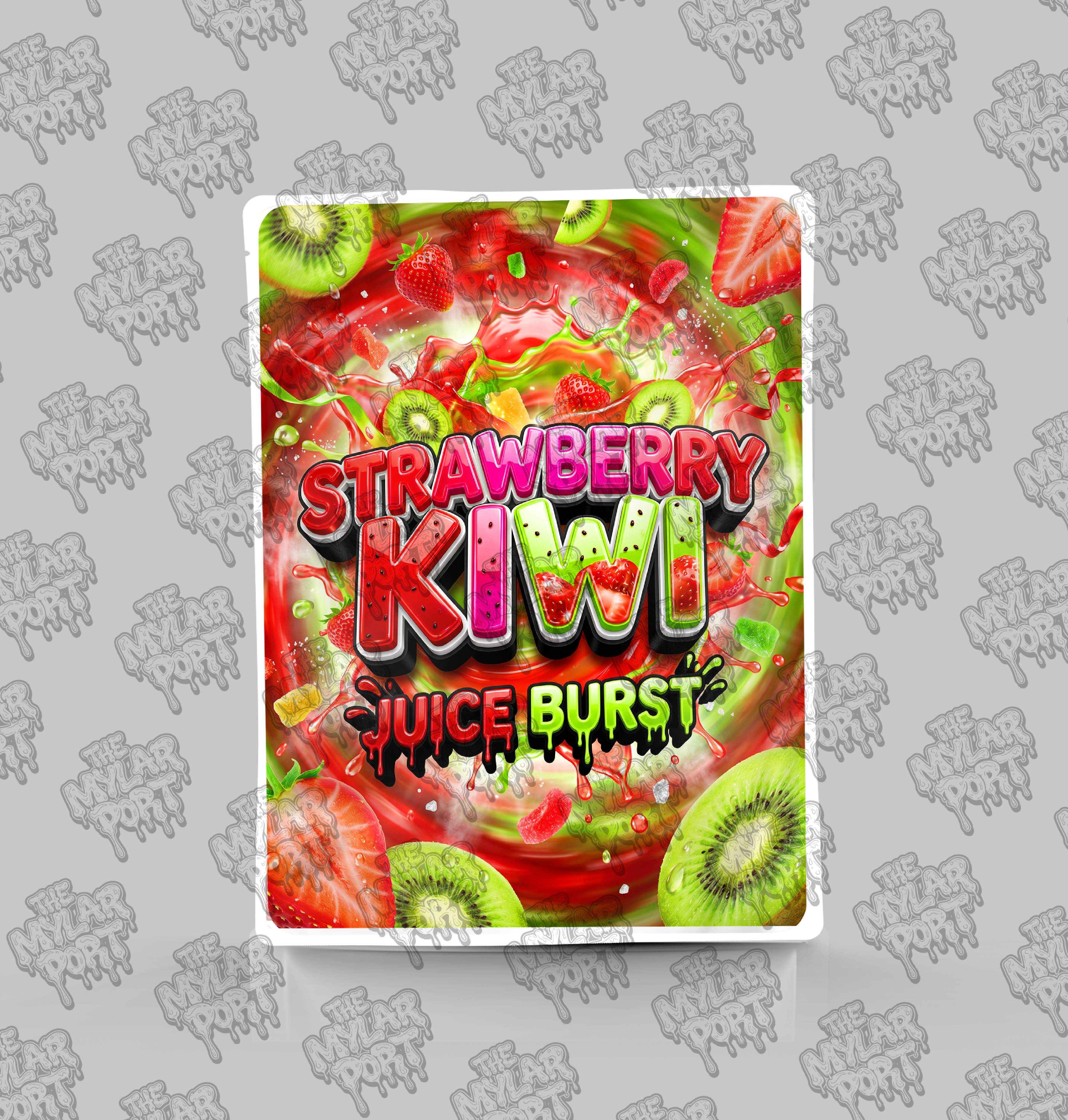 Strawberry Kiwi Juice Burst premade digital mylar bag design by The Mylar Port