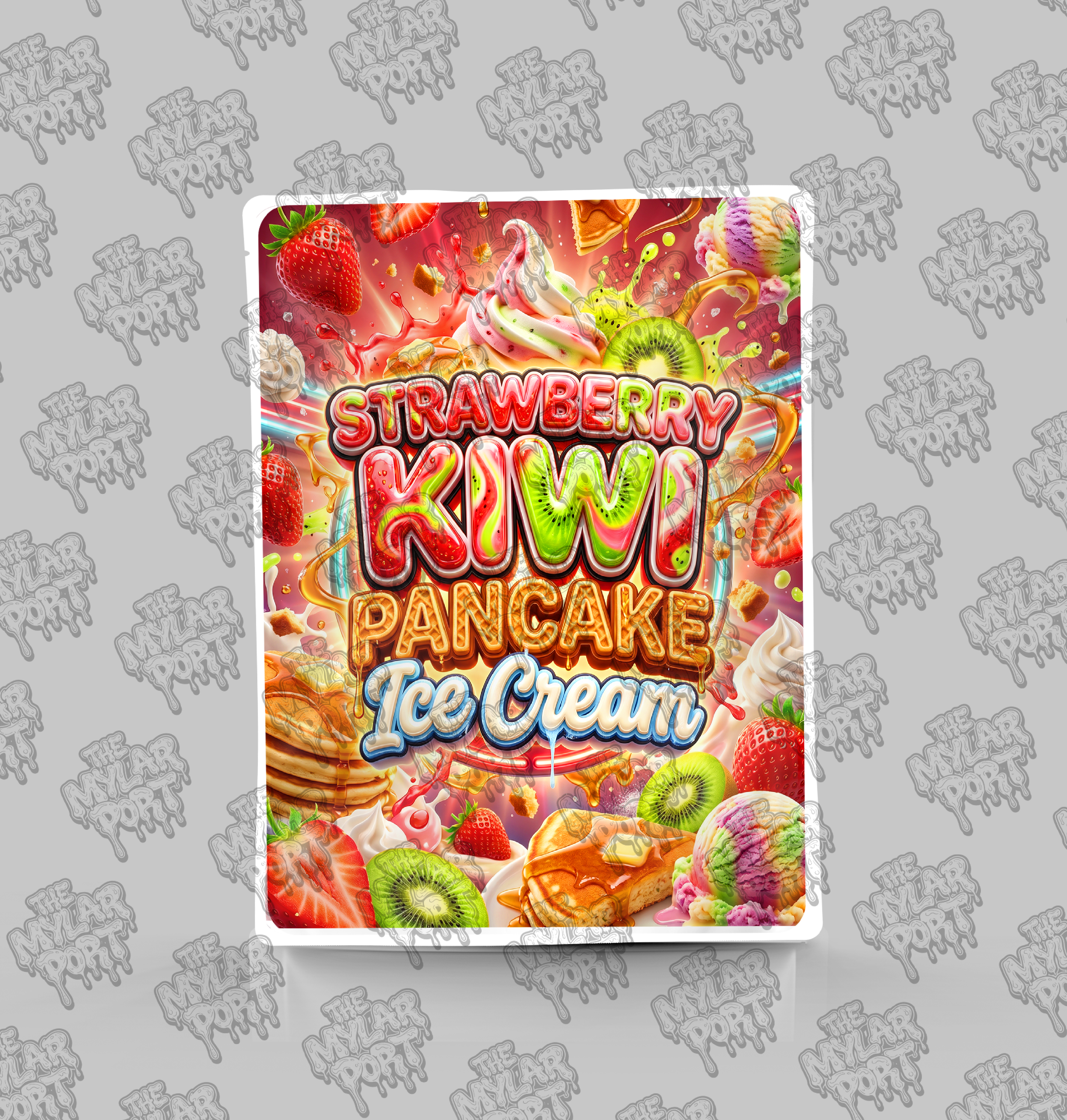 Strawberry Kiwi Pancake Ice Cream premade digital mylar bag design by The Mylar Port