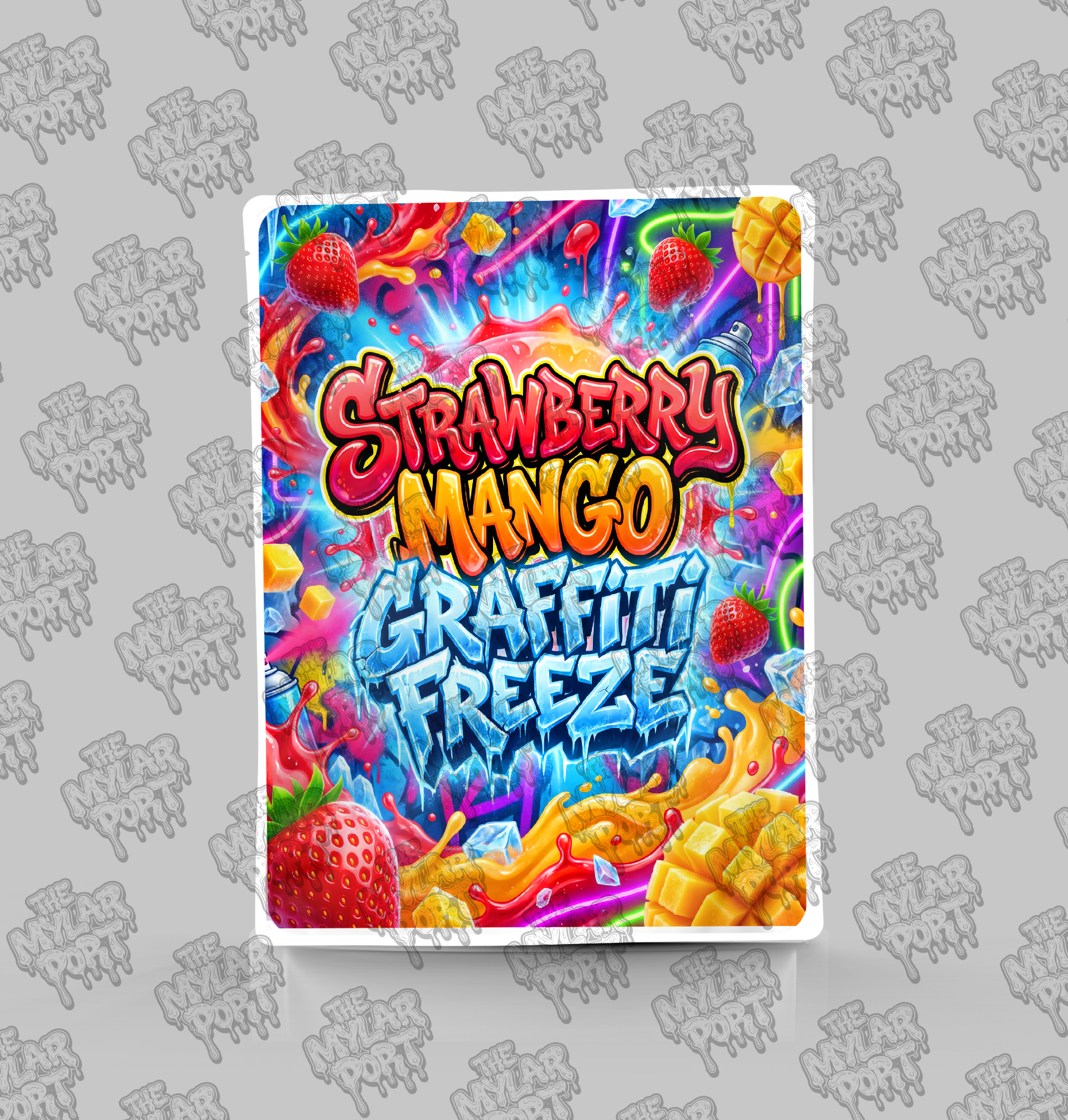 Strawberry Mango Graffiti Freeze premade digital mylar bag design by The Mylar Port