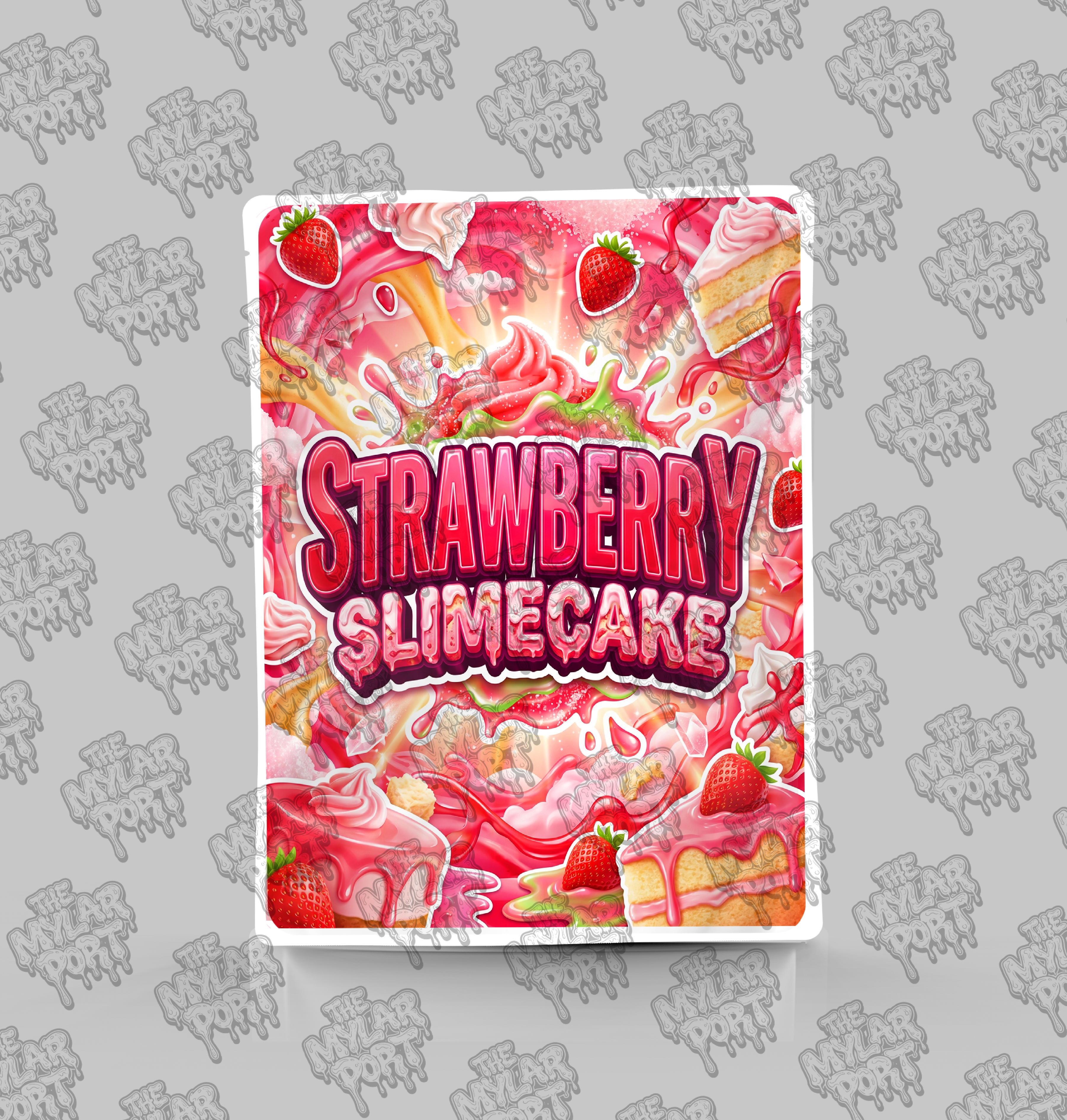 Strawberry Slimecake premade digital mylar bag design by The Mylar Port