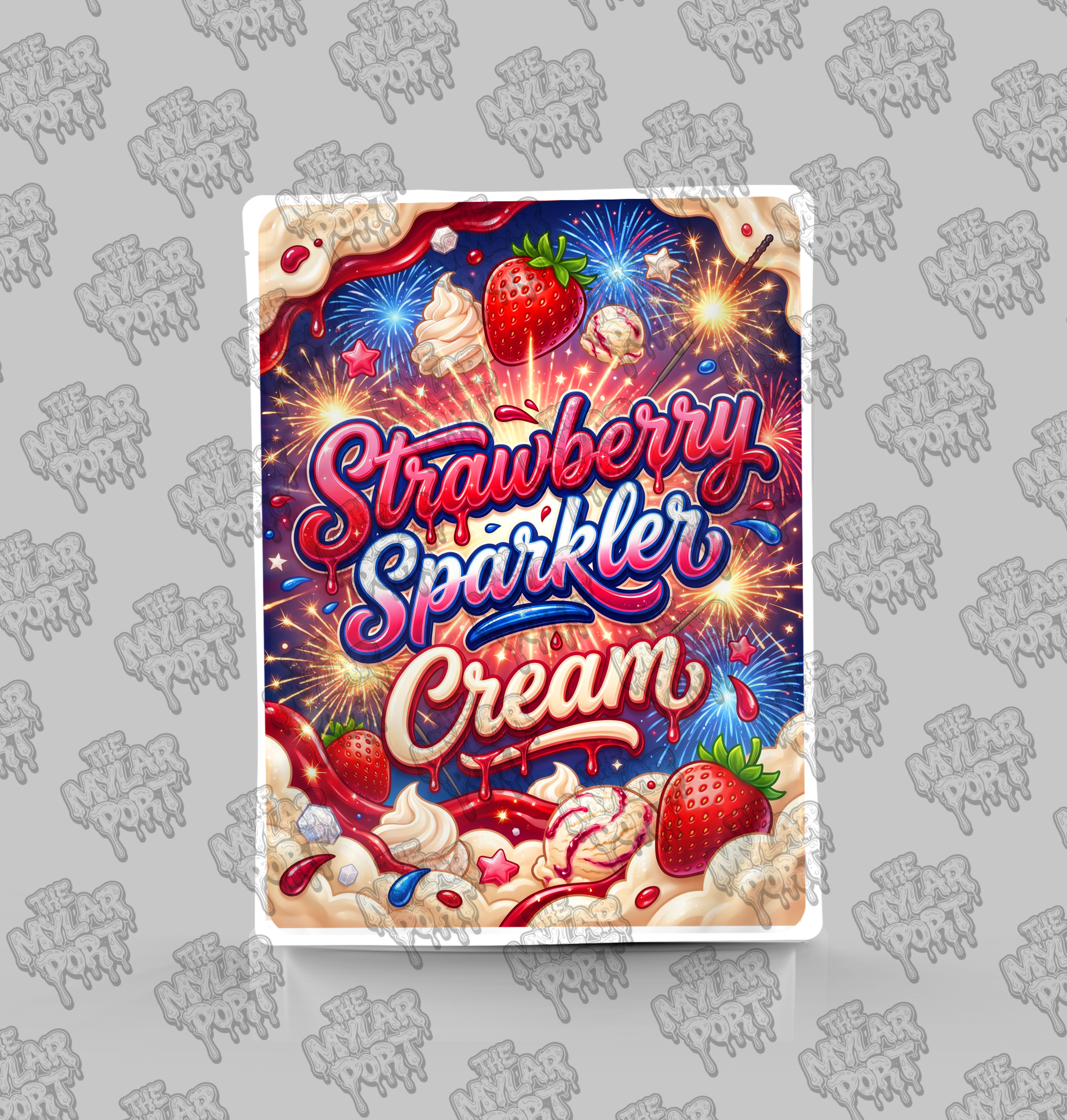 Strawberry Sparkler Cream premade digital mylar bag design by The Mylar Port