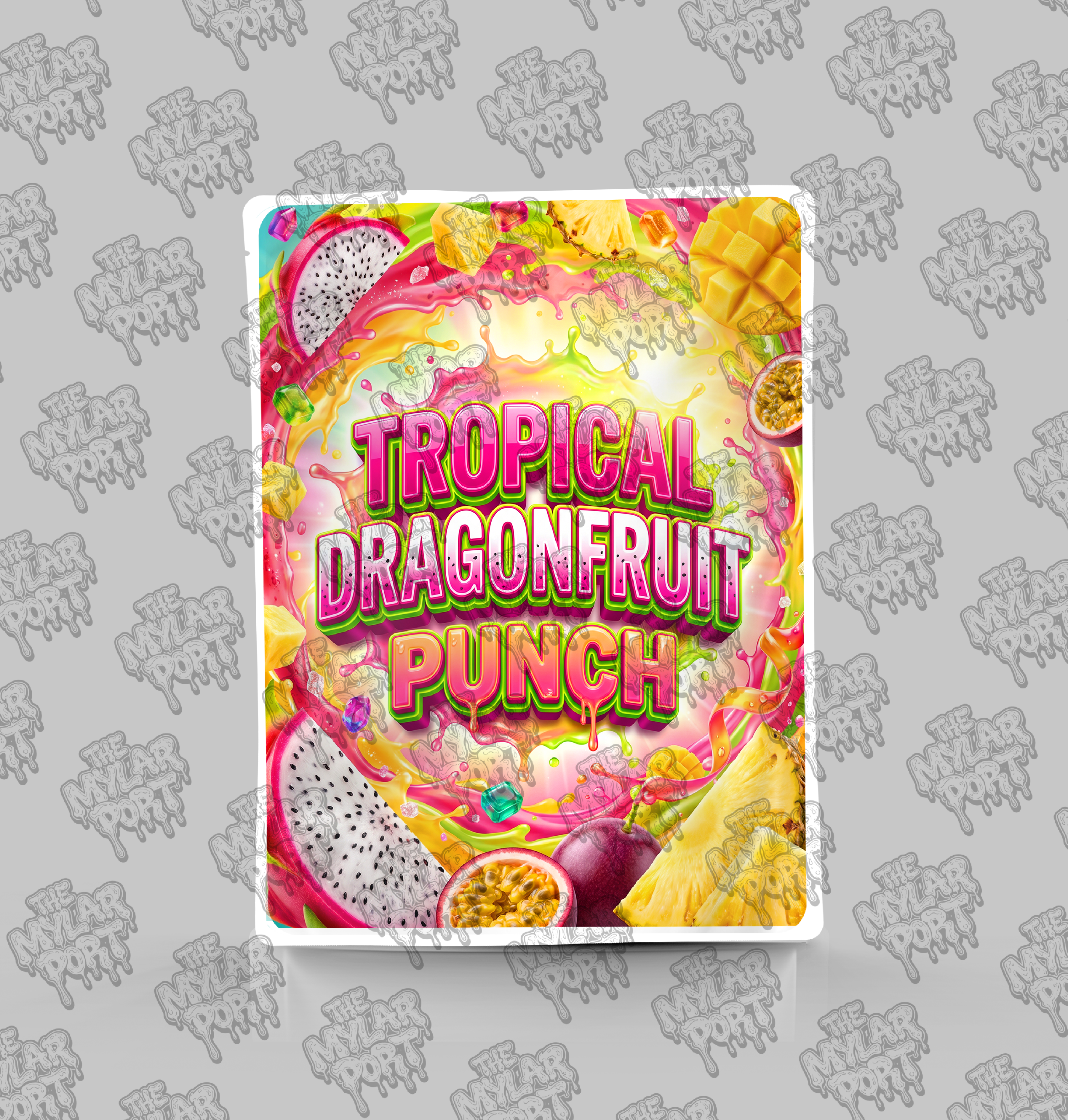 Tropical Dragonfruit Punch premade digital mylar bag design by The Mylar Port