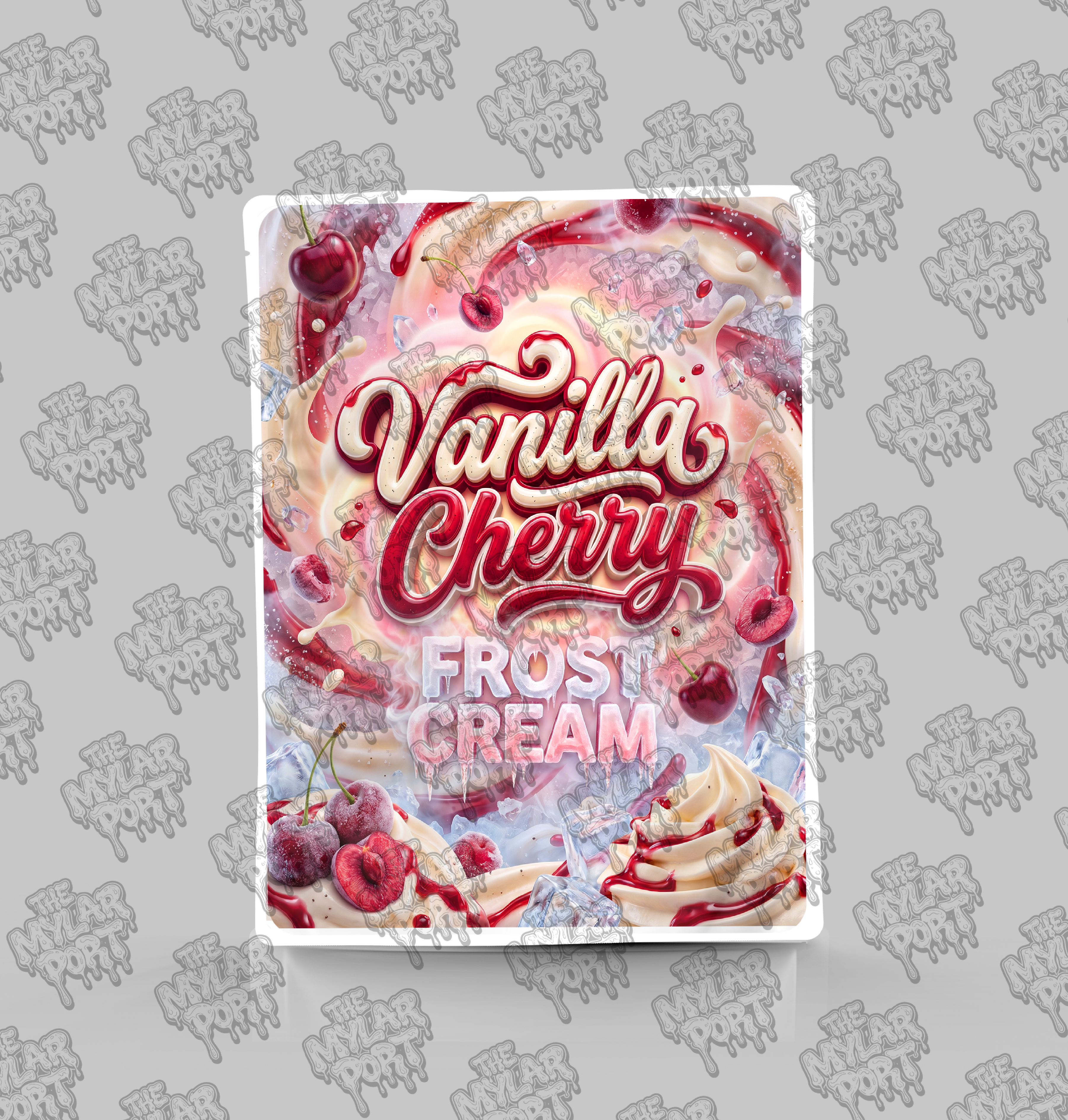 Vanilla Cherry Frost Cream premade digital mylar bag design by The Mylar Port