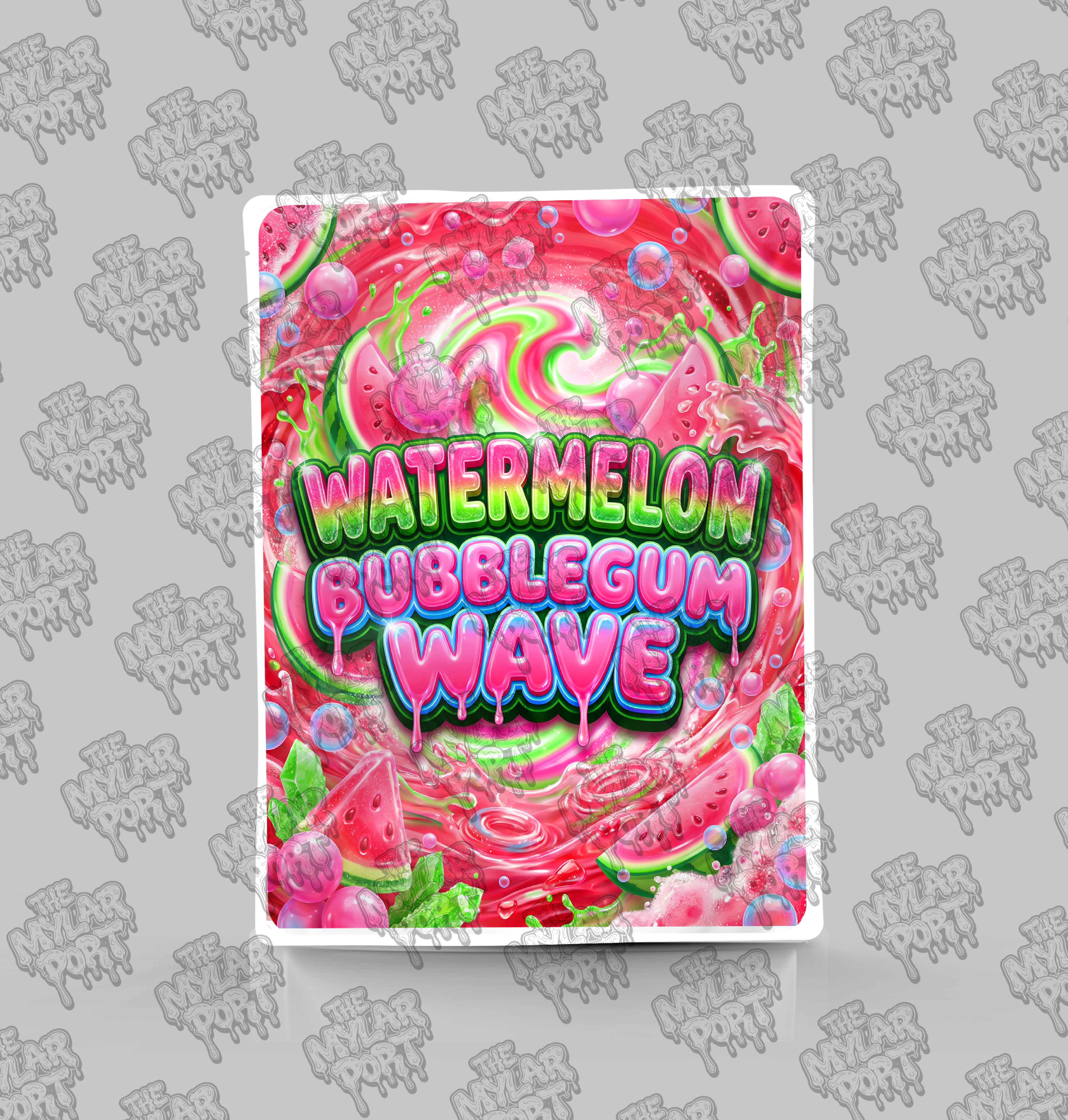 Watermelon Bubblegum Wave premade digital mylar bag design by The Mylar Port