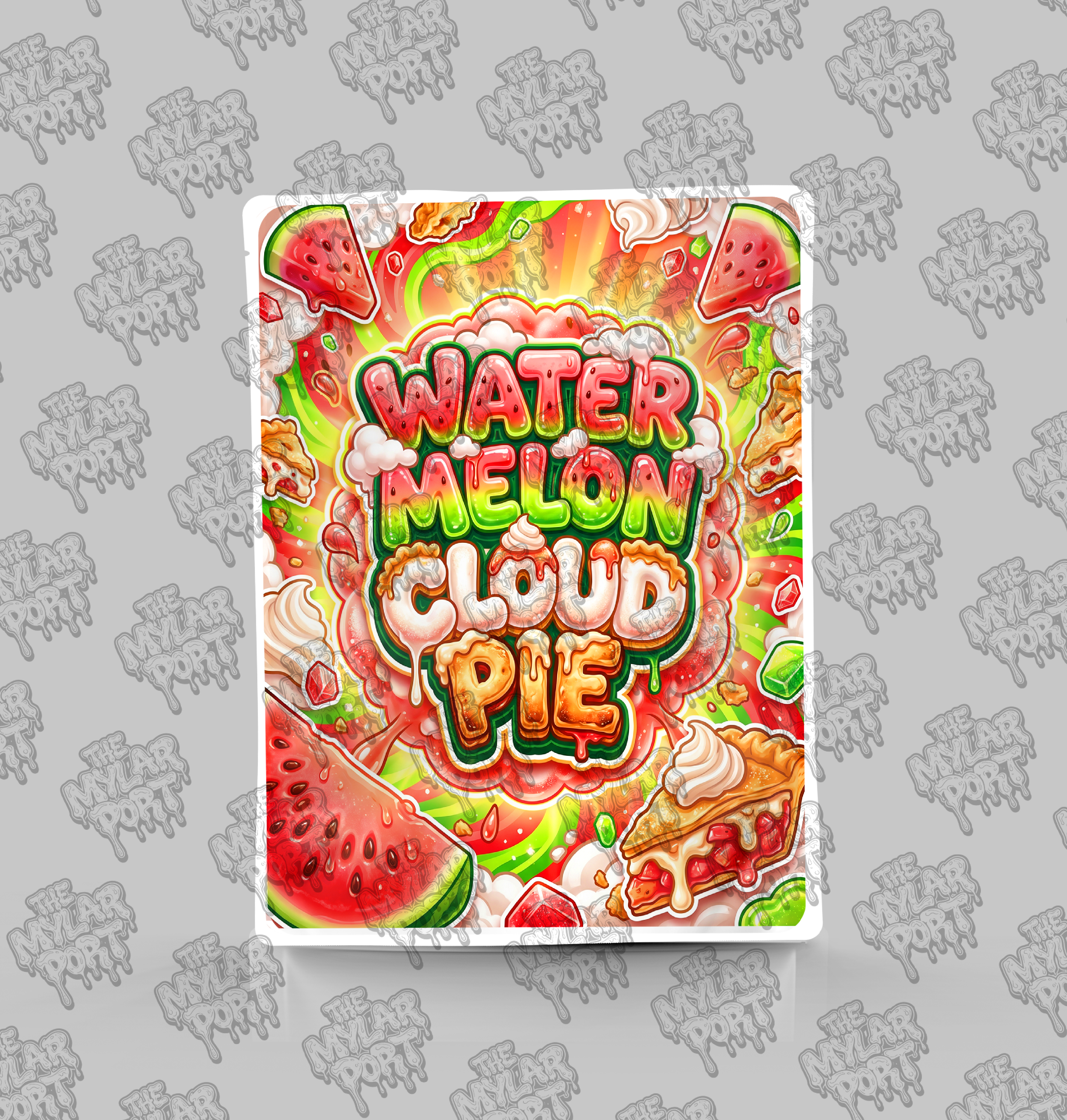 Watermelon Cloud Pie premade digital mylar bag design by The Mylar Port