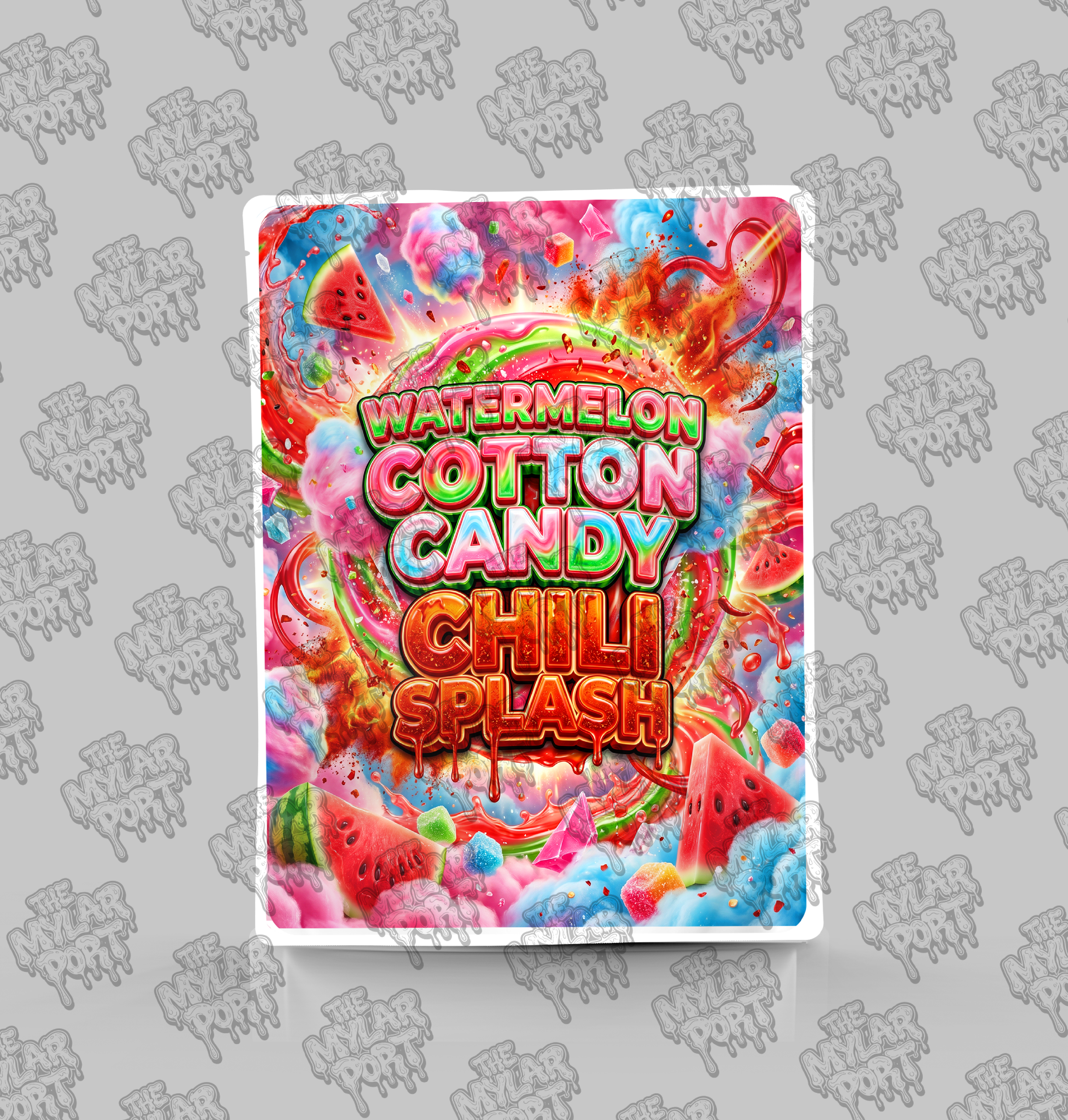 Watermelon Cotton Candy Chili Splash premade digital mylar bag design by The Mylar Port