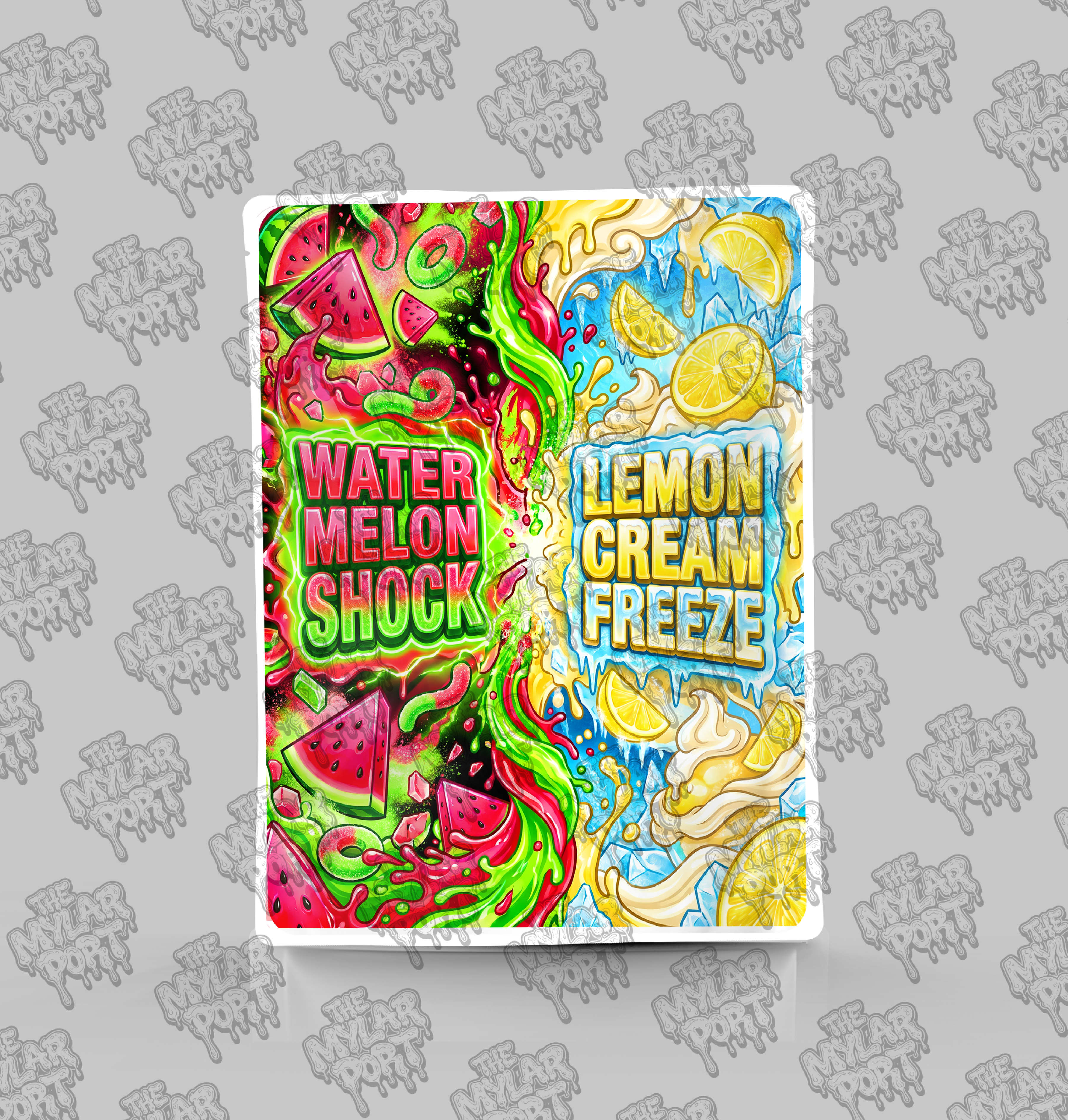 Watermelon Shock x Lemon Cream Freeze premade digital mylar bag design by The Mylar Port