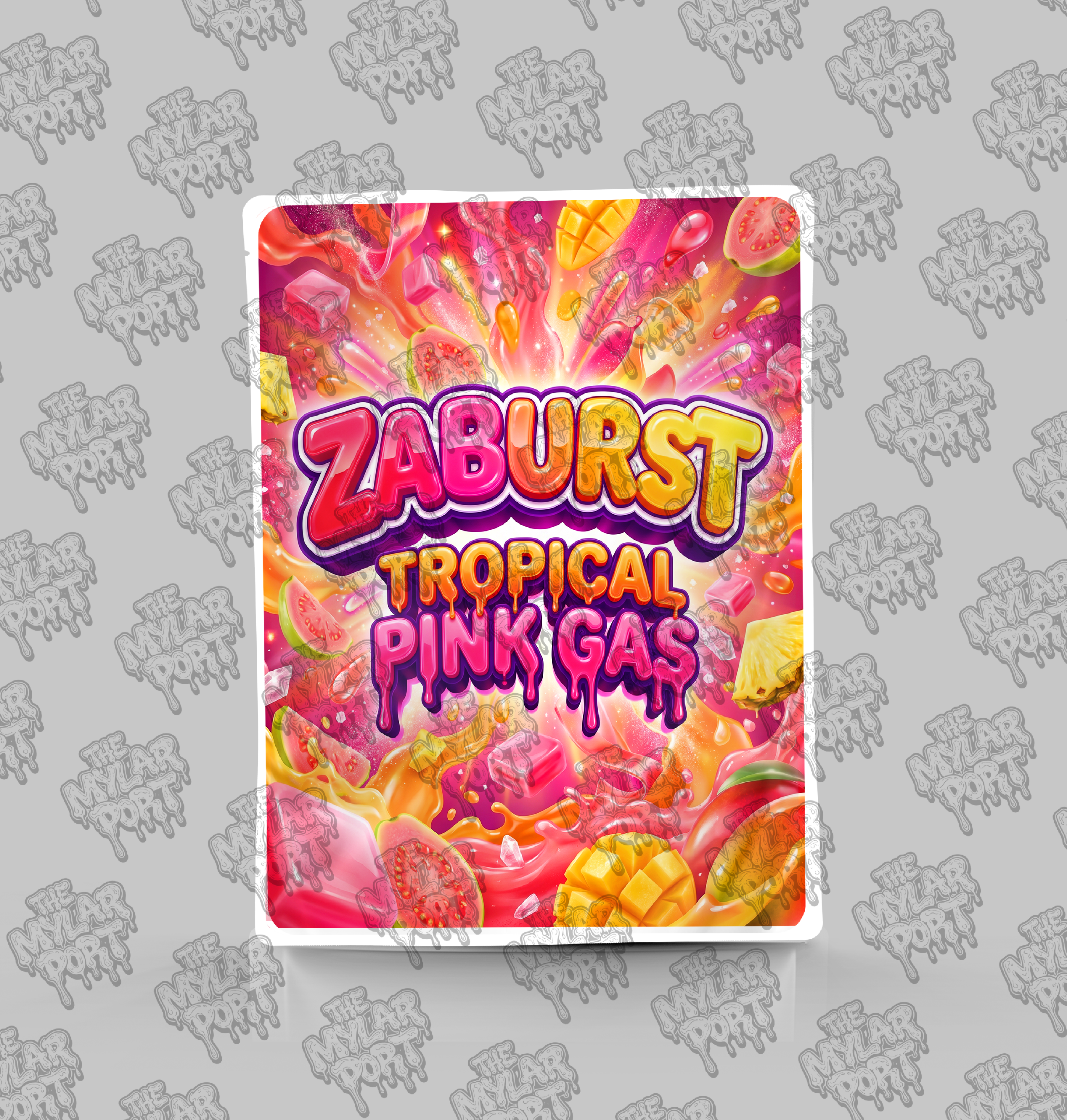 Zaburst Tropical Pink Gas premade digital mylar bag design by The Mylar Port